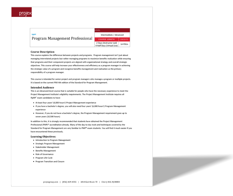 Course brochure for Program Management Professional with details on course content, level, duration, and audience, featuring Projex Academy logo.