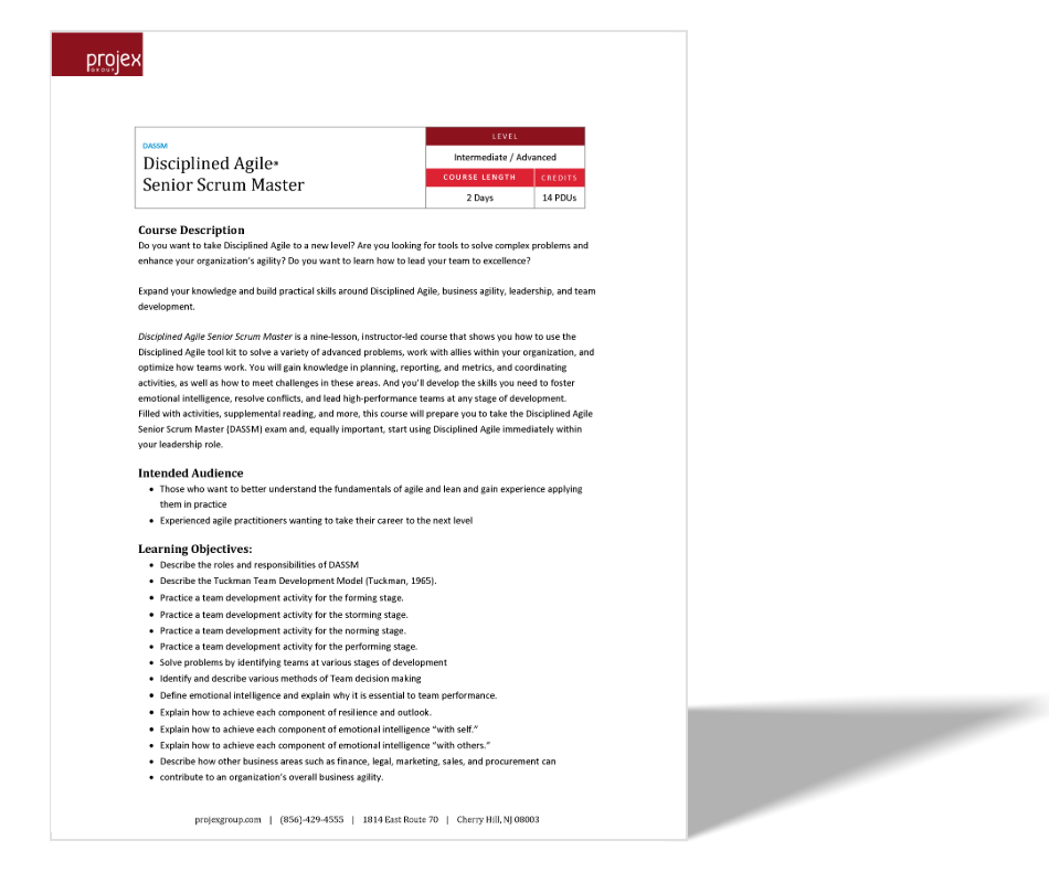 Course flyer for ProjectX Academy offering a Senior Scrum Master certification in Disciplined Agile, with details about course level, duration, credits, and objectives.
