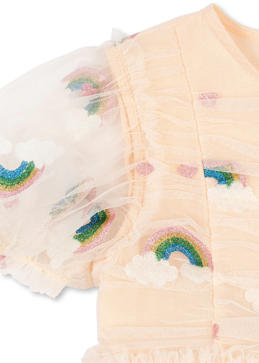 Tullie Dress Kleid Rainbow Glitter für Kinder von Konges Sløjd – kuschelige, nachhaltige Kinderkleidung in Beige mit Herzprint, erhältlich bei Cleo&Caesar Kids Concept Store Berlin.