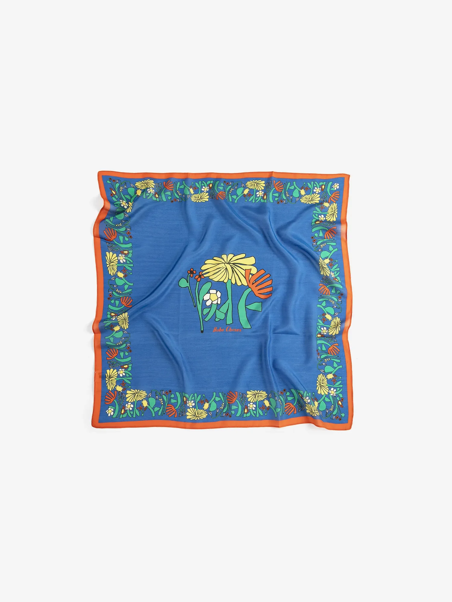Bobo Choses Tuch Herbalist – blaues Tuch mit Blumenillustrationen, 80 % recycelte Baumwolle und 20 % Seide, 65x65 cm, bei Cleo&Caesar Kids Concept Store