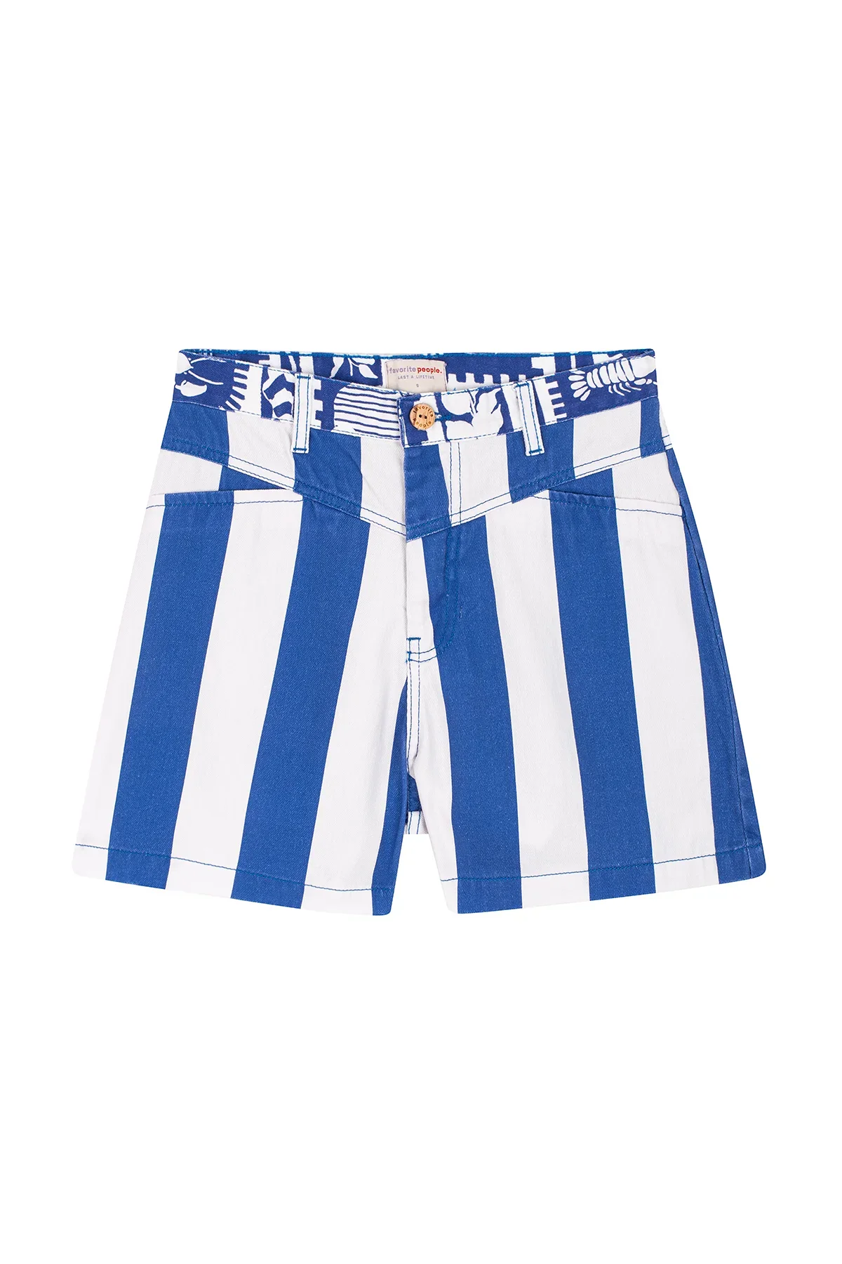Favorite People Short Positano – weiß-blaue High waisted Mom Short aus Baumwolle, fair hergestellt in Portugal, bei Cleo&Caesar Kids Concept Store