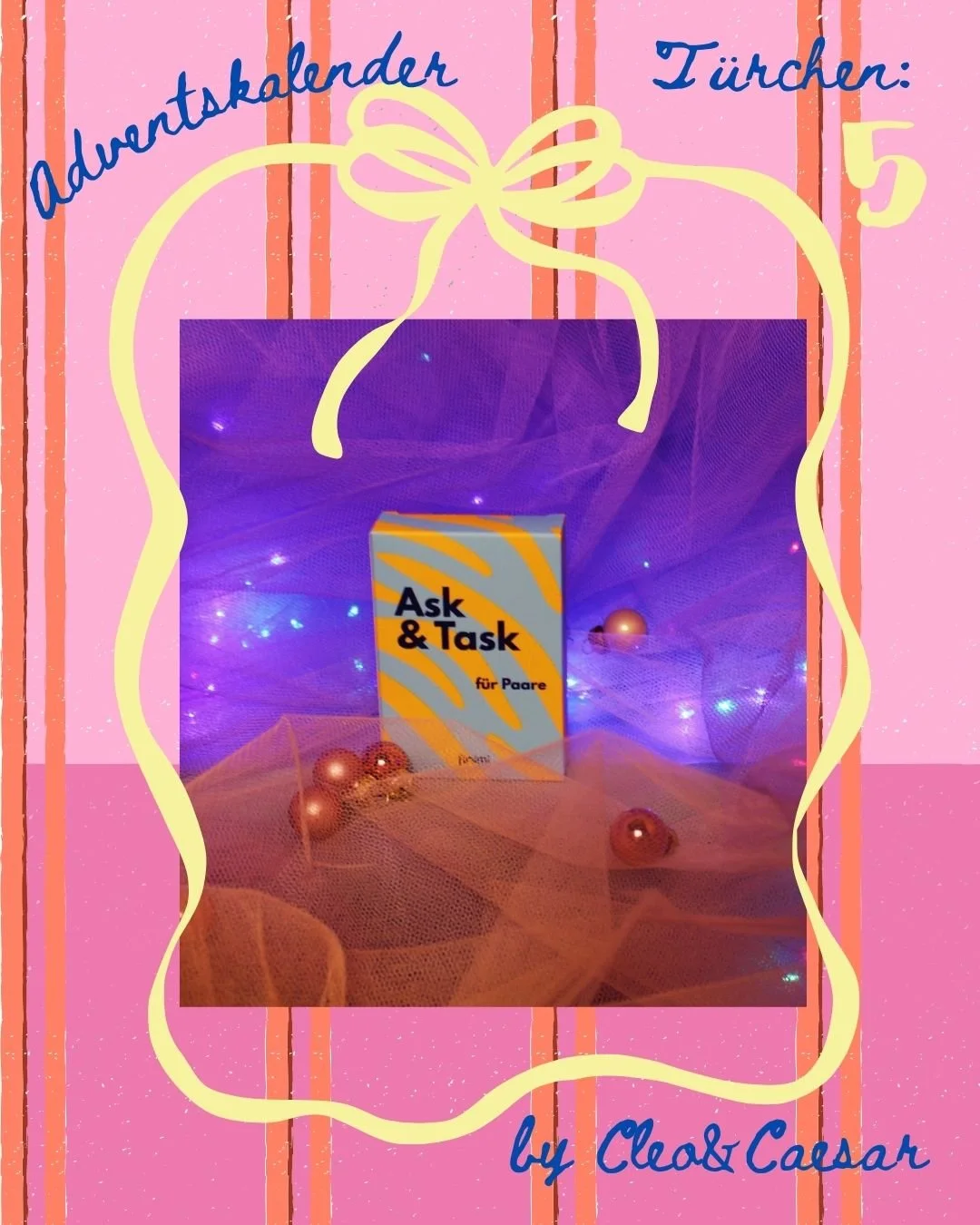 Gewinnspiel

Das 5. T&uuml;rchen von @finimi.de wird hoffentlich f&uuml;r einige sch&ouml;ne Momente sorgen, denn Weihnachtszeit ist f&uuml;r Paare mit Kindern doch irgendwie auch immer sehr viel Orga Zeit. Zwischen Adventssingen, Weihnachtsfeiern au