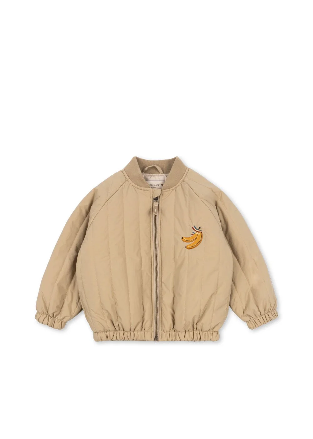 Juno Bomber Jacke Travertine für Kinder von Konges Sløjd – kuschelige, nachhaltige Kinderkleidung in Beige mit Herzprint, erhältlich bei Cleo&Caesar Kids Concept Store Berlin.