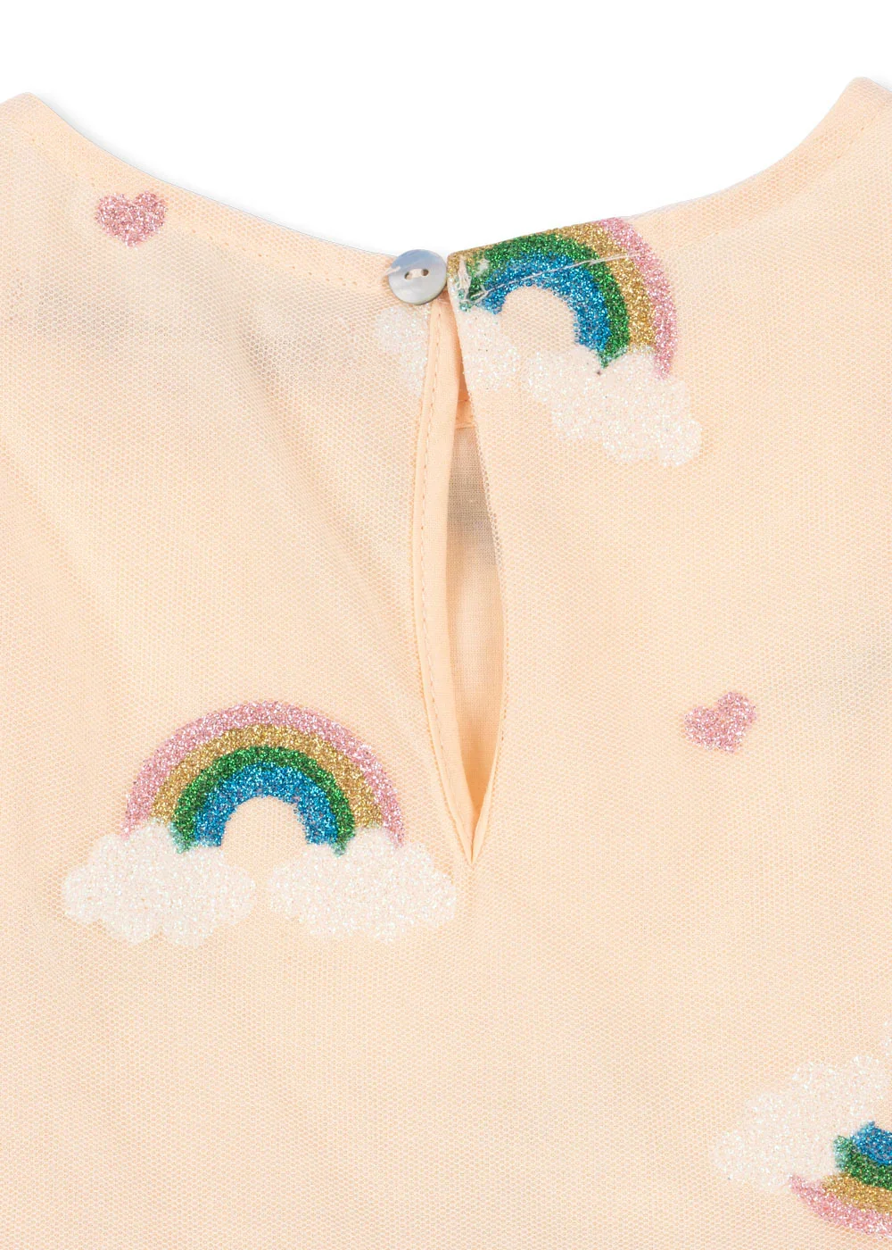 Tullie Dress Kleid Rainbow Glitter für Kinder von Konges Sløjd – kuschelige, nachhaltige Kinderkleidung in Beige mit Herzprint, erhältlich bei Cleo&Caesar Kids Concept Store Berlin.