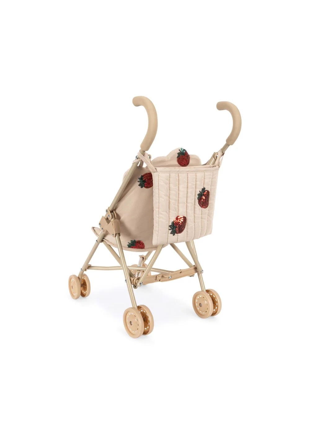 Rosa Puppenbuggy mit Erdbeer-Print, Tragetasche und Doppelrädern – faltbarer Kinderwagen für Puppen ab 3 Jahren. im Concept Store Cleo&Caesar