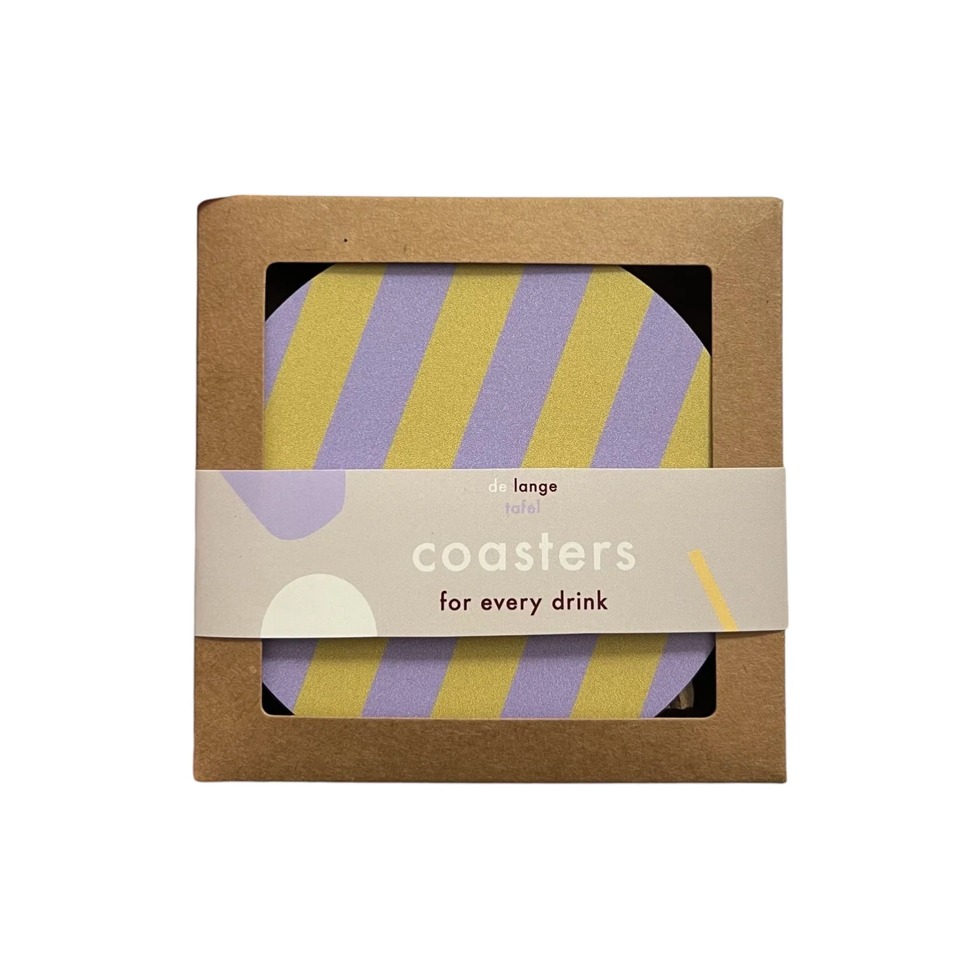 4 Aluminium-Untersetzer mit lila-gelben Streifen, Ø 10 cm, modernes Design im 4er Set. im concept Store Cleo&Caesar Berlin