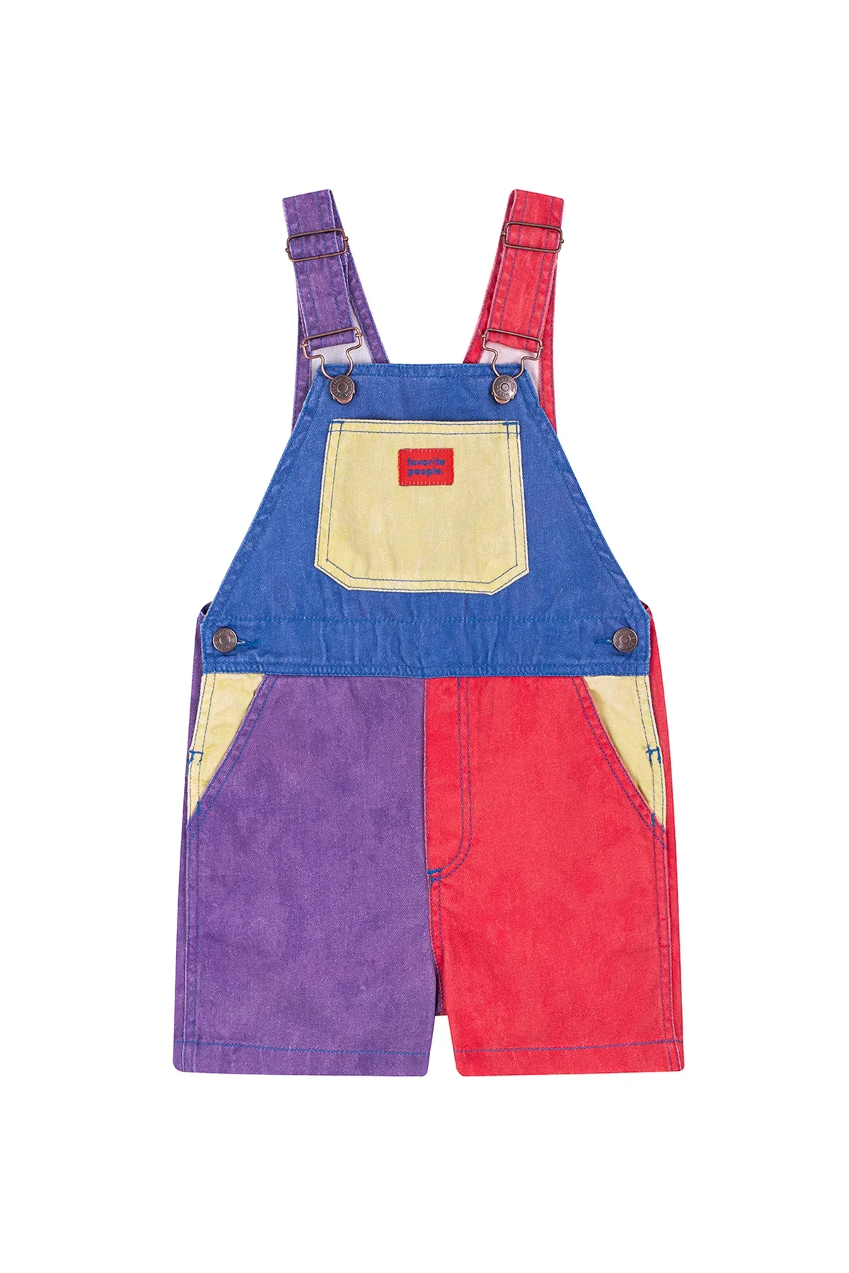 Favorite People Kurze Latzhose Mozzarella – Colorblock in Blau, Rot, Lila und Gelb, 100 % Baumwolle, fair hergestellt in Portugal, bei Cleo&Caesar