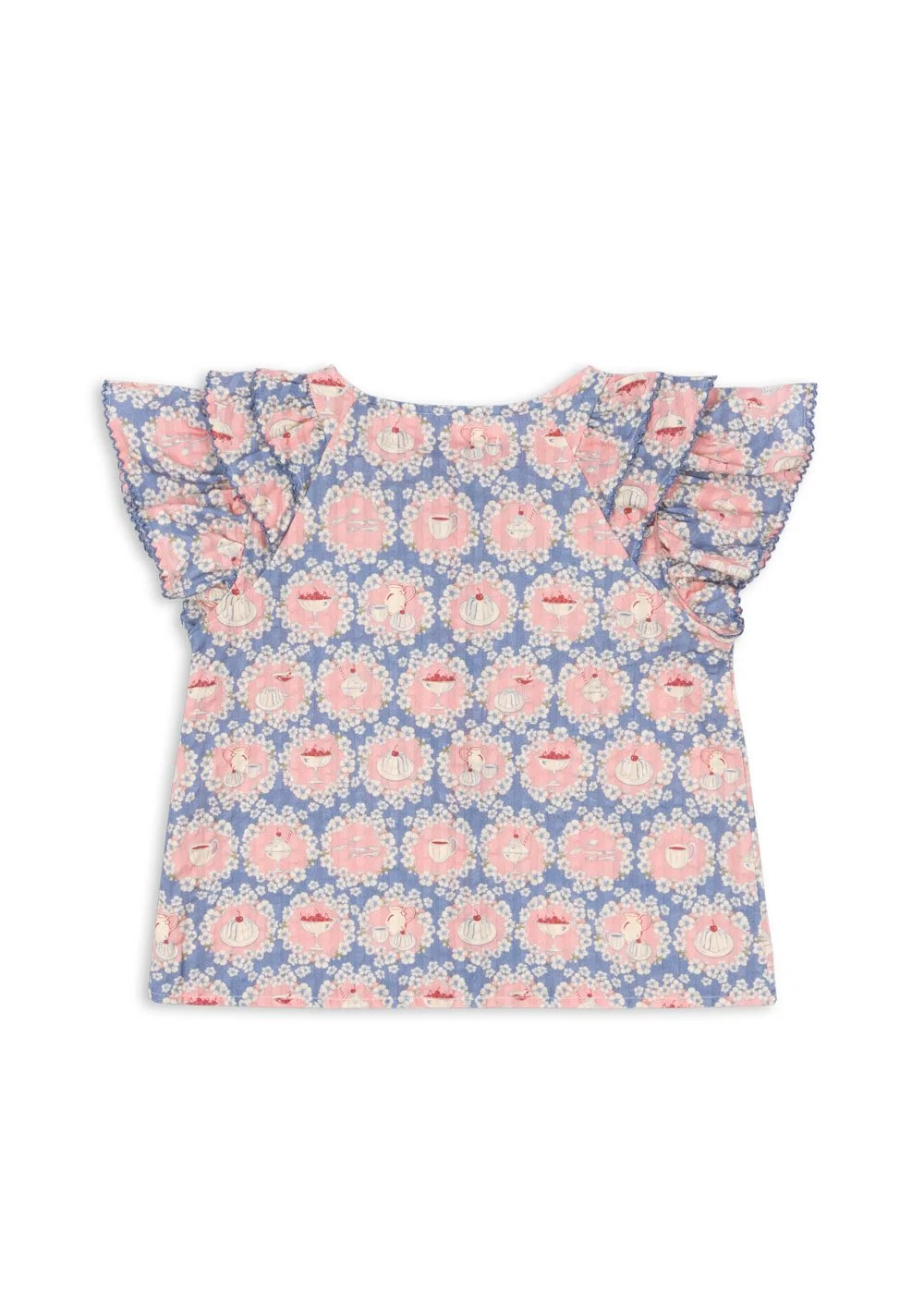 Weißes Kinder T-Shirt aus Bio-Baumwolle mit Rüschendetails und verspieltem Snack Time Print im Kids Concept Store Cleo&Caesar.