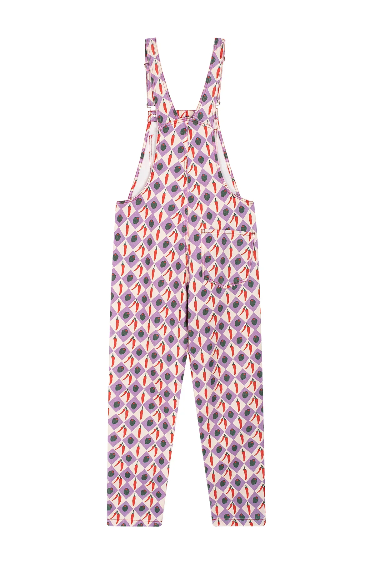 Damen Latzhose mit weiß-lila Karomuster und Oliven-Chili-Print aus Baumwolle von Favorite People. im Concept Store Cleo&Caesar Berlin