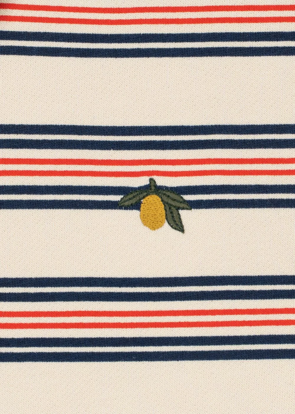 Konges Sløjd Polo-Shirt Spotty Stripe – off-white mit navy-blauen und roten Streifen, kleine Zitronen-Stickerei, Bio-Baumwolle, bei Cleo&Caesar Kids Concept Store