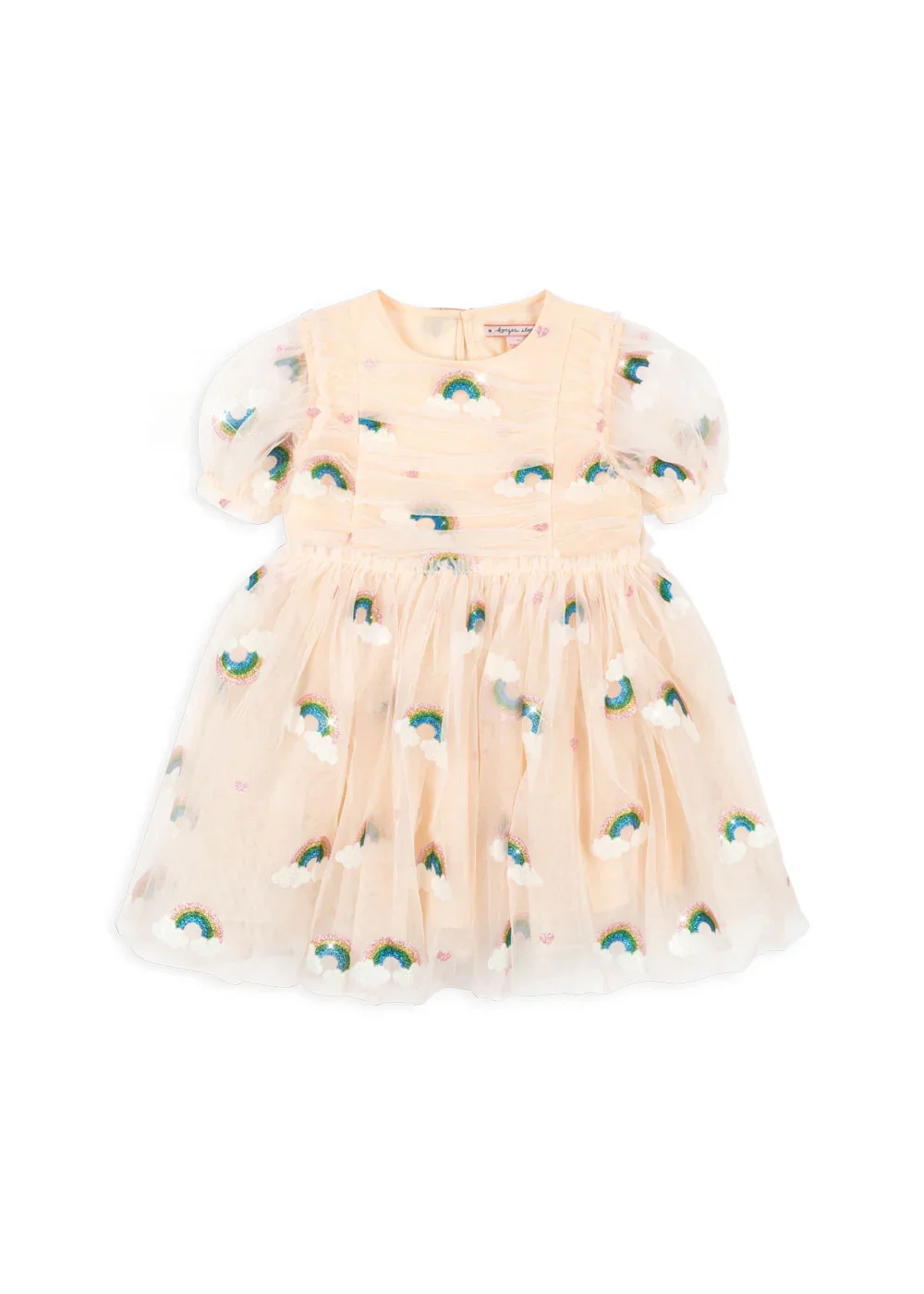 Tullie Dress Kleid Rainbow Glitter für Kinder von Konges Sløjd – kuschelige, nachhaltige Kinderkleidung in Beige mit Herzprint, erhältlich bei Cleo&Caesar Kids Concept Store Berlin.