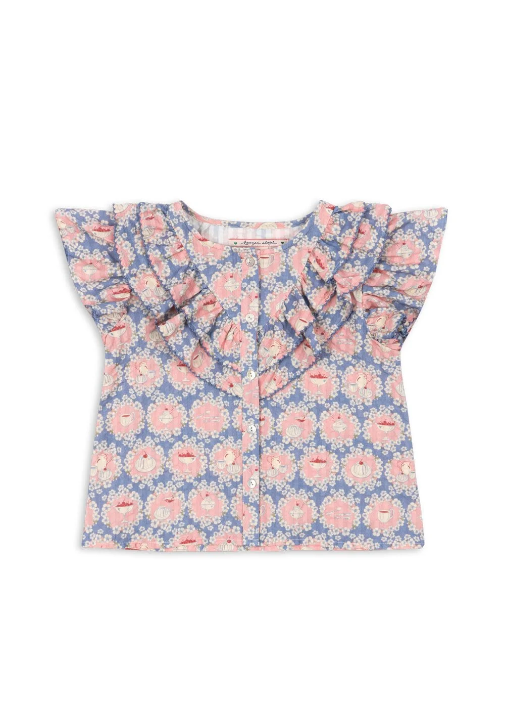 Weißes Kinder T-Shirt aus Bio-Baumwolle mit Rüschendetails und verspieltem Snack Time Print im Kids Concept Store Cleo&Caesar.