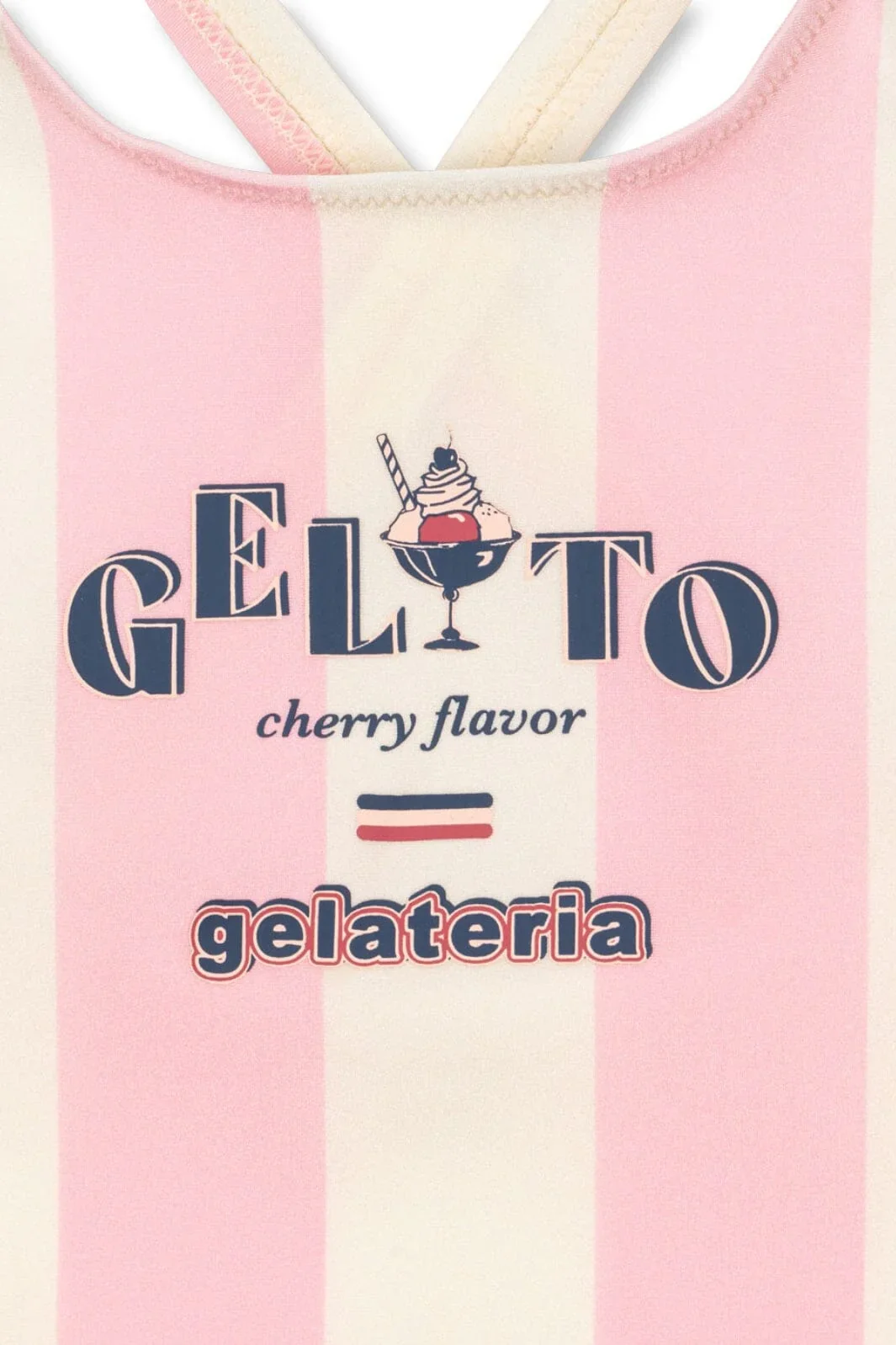 Konges Sløjd Badeanzug Pomia Candy Rose Stripe – rosa-weiß gestreifter Kinderbadeanzug mit Gelato-Print, ärmellos, bei Cleo&Caesar Kids Concept Store
