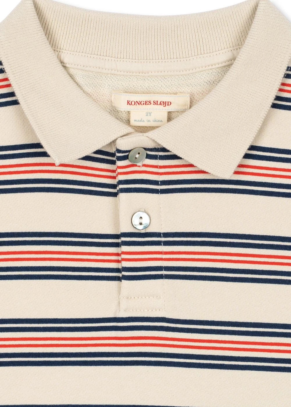 Konges Sløjd Polo-Shirt Spotty Stripe – off-white mit navy-blauen und roten Streifen, kleine Zitronen-Stickerei, Bio-Baumwolle, bei Cleo&Caesar Kids Concept Store