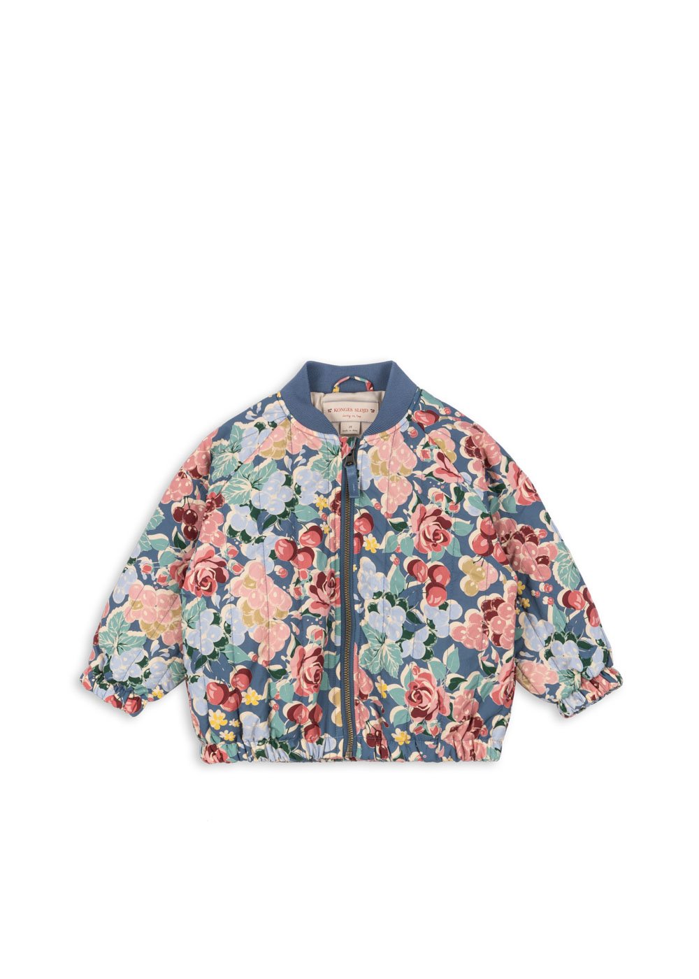 Juno Bomber Jacke Bloomiegrape Blues für Kinder von Konges Sløjd – kuschelige, nachhaltige Kinderkleidung in Beige mit Herzprint, erhältlich bei Cleo&Caesar Kids Concept Store Berlin.
