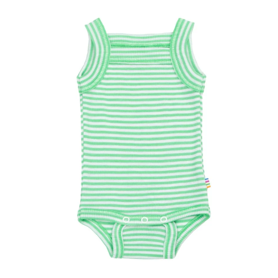 Wolle Seide Träger Body Grün gestreift Spring Summer 25 von Joha - nachhaltige Merinowolle und Seide - sustainable Kidswear - Erstausstattung - Cleo&Caesar - Kids Concept Store Berlin