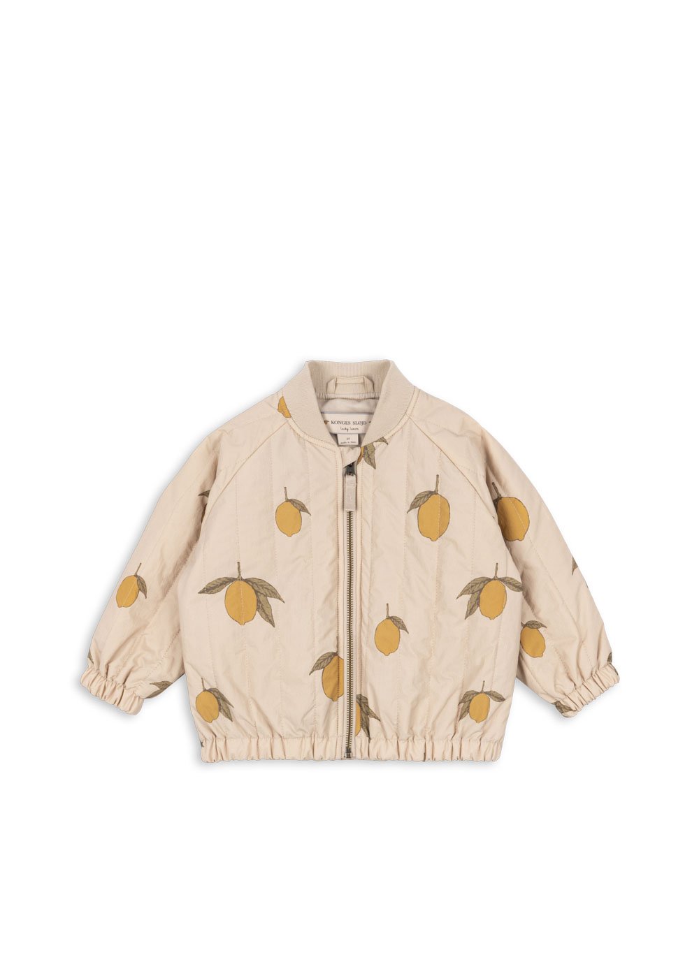 Juno Bomber Jacke Mon Grand Citron für Kinder von Konges Sløjd – kuschelige, nachhaltige Kinderkleidung in Beige mit Herzprint, erhältlich bei Cleo&Caesar Kids Concept Store Berlin.