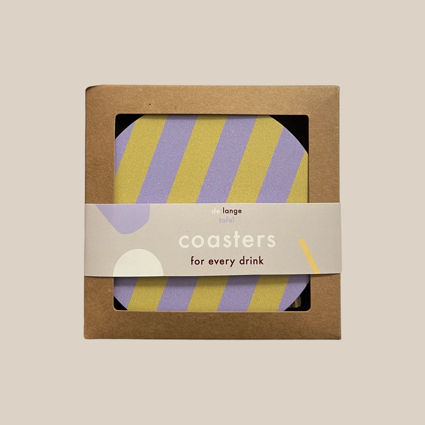 4 Aluminium-Untersetzer mit lila-gelben Streifen, Ø 10 cm, modernes Design im 4er Set. im concept Store Cleo&Caesar Berlin