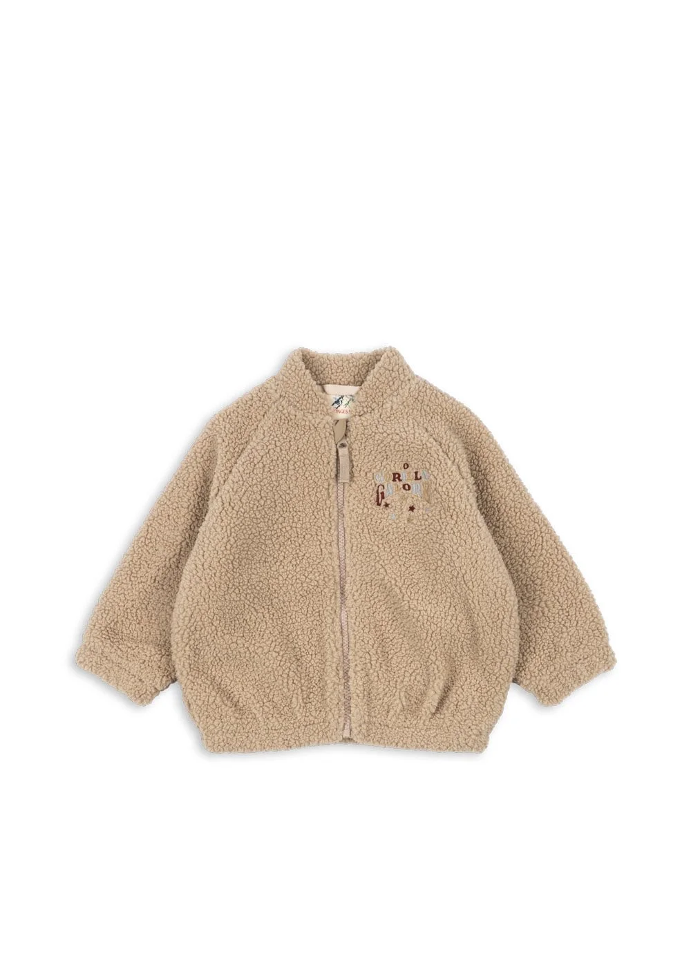 Jazz Teddy Jacke Oxford Tan für Kinder von Konges Sløjd – kuschelige, nachhaltige Kinderkleidung in Beige mit Herzprint, erhältlich bei Cleo&Caesar Kids Concept Store Berlin.