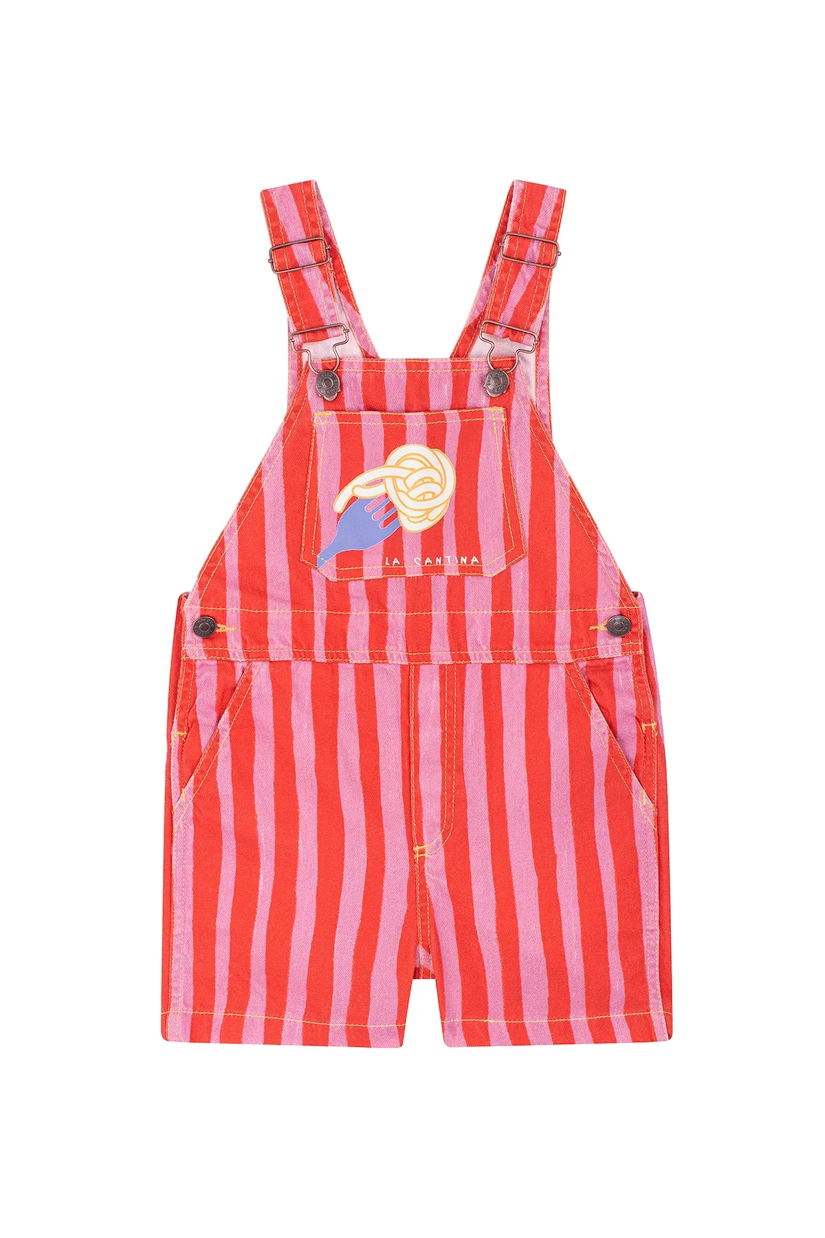 Favorite People Kurze Latzhose Pasta Fresca – rot-pinke Streifen mit Pasta-Illustration auf der Vordertasche, fair hergestellt in Portugal, bei Cleo&Caesar