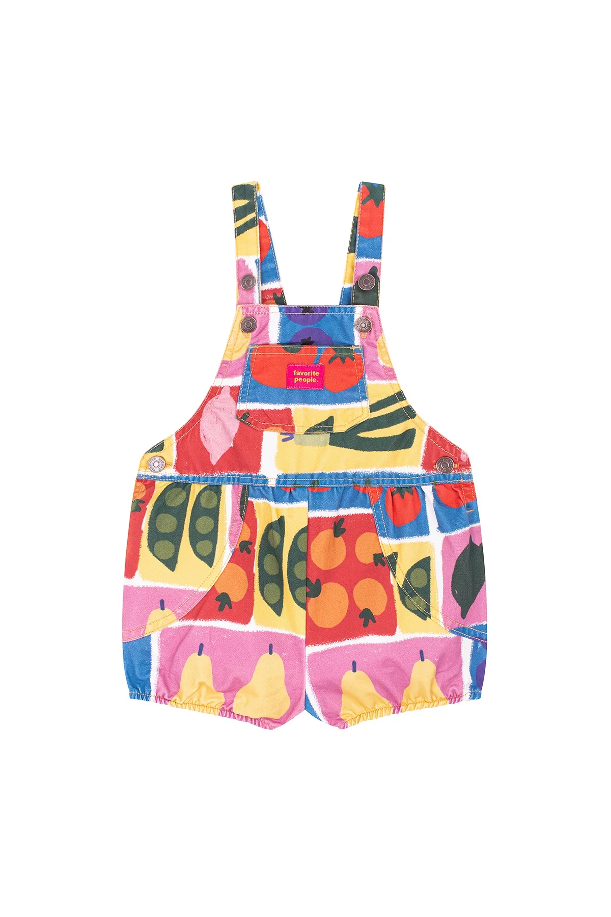 Bunter Baby Romper mit Obst- und Gemüseprint, verstellbaren Trägern und Druckknöpfen – aus Baumwolle. Favorite People Made in Portugal bei Cleo&Caesar Kindergeschäft Berlin