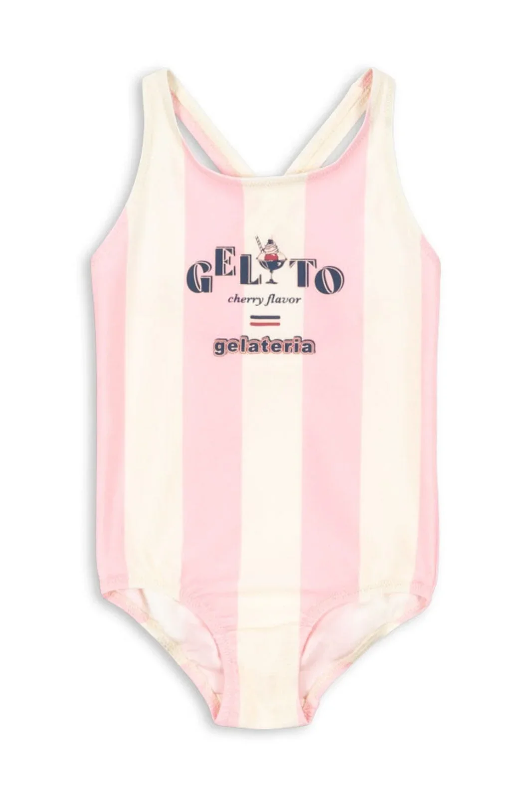 Konges Sløjd Badeanzug Pomia Candy Rose Stripe – rosa-weiß gestreifter Kinderbadeanzug mit Gelato-Print, ärmellos, bei Cleo&Caesar Kids Concept Store