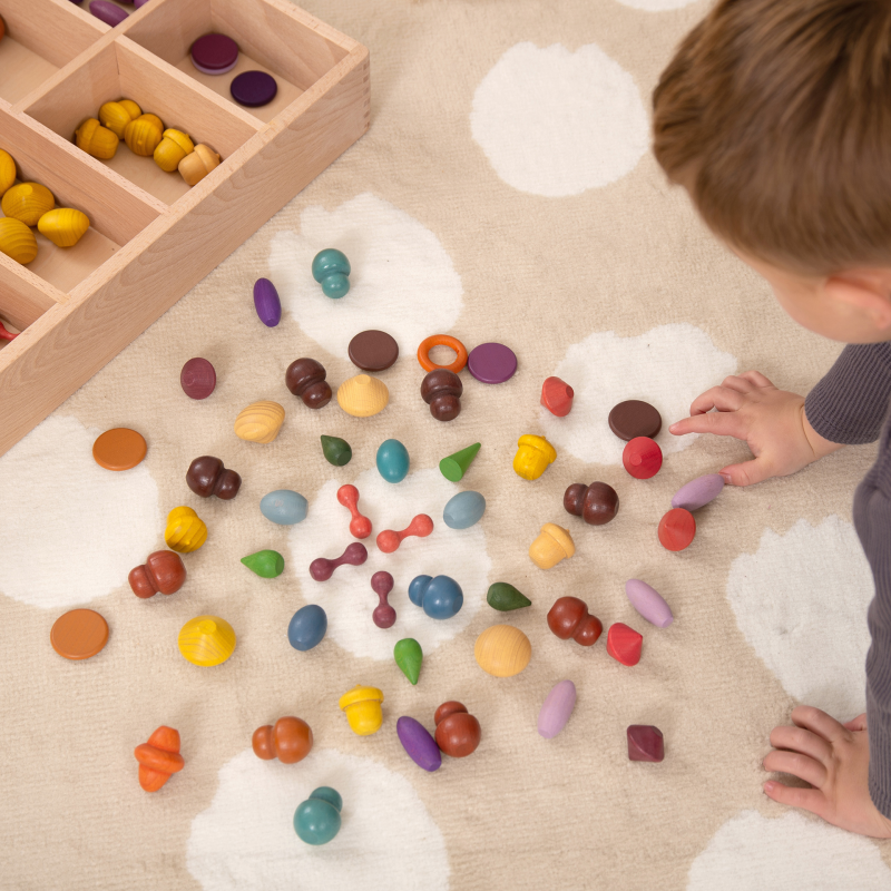 Bunte Holzformen aus Naturholz zum Sortieren und Musterlegen – Montessori-inspiriertes Lernspielzeug ab 3 Jahren bei Cleo&Caesar