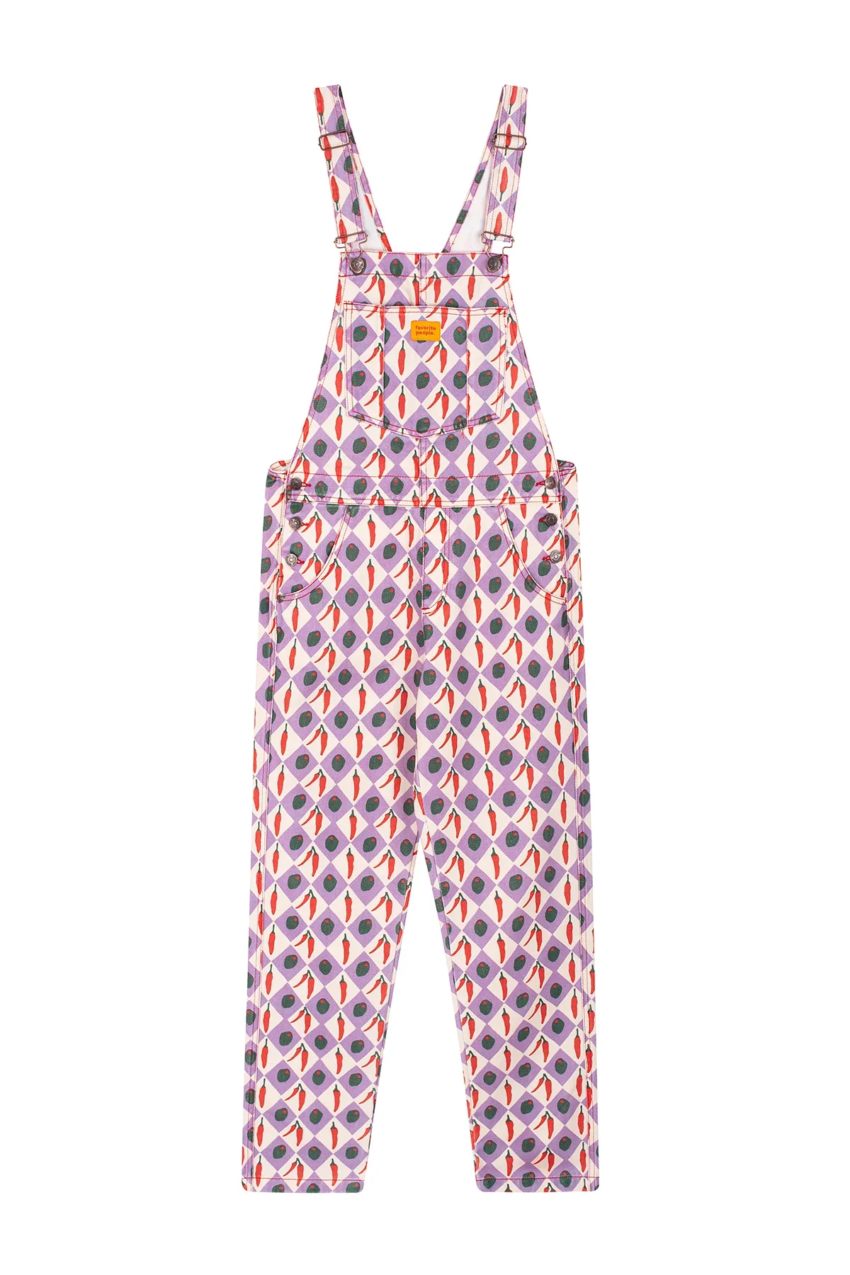 Damen Latzhose mit weiß-lila Karomuster und Oliven-Chili-Print aus Baumwolle von Favorite People. im Concept Store Cleo&Caesar Berlin