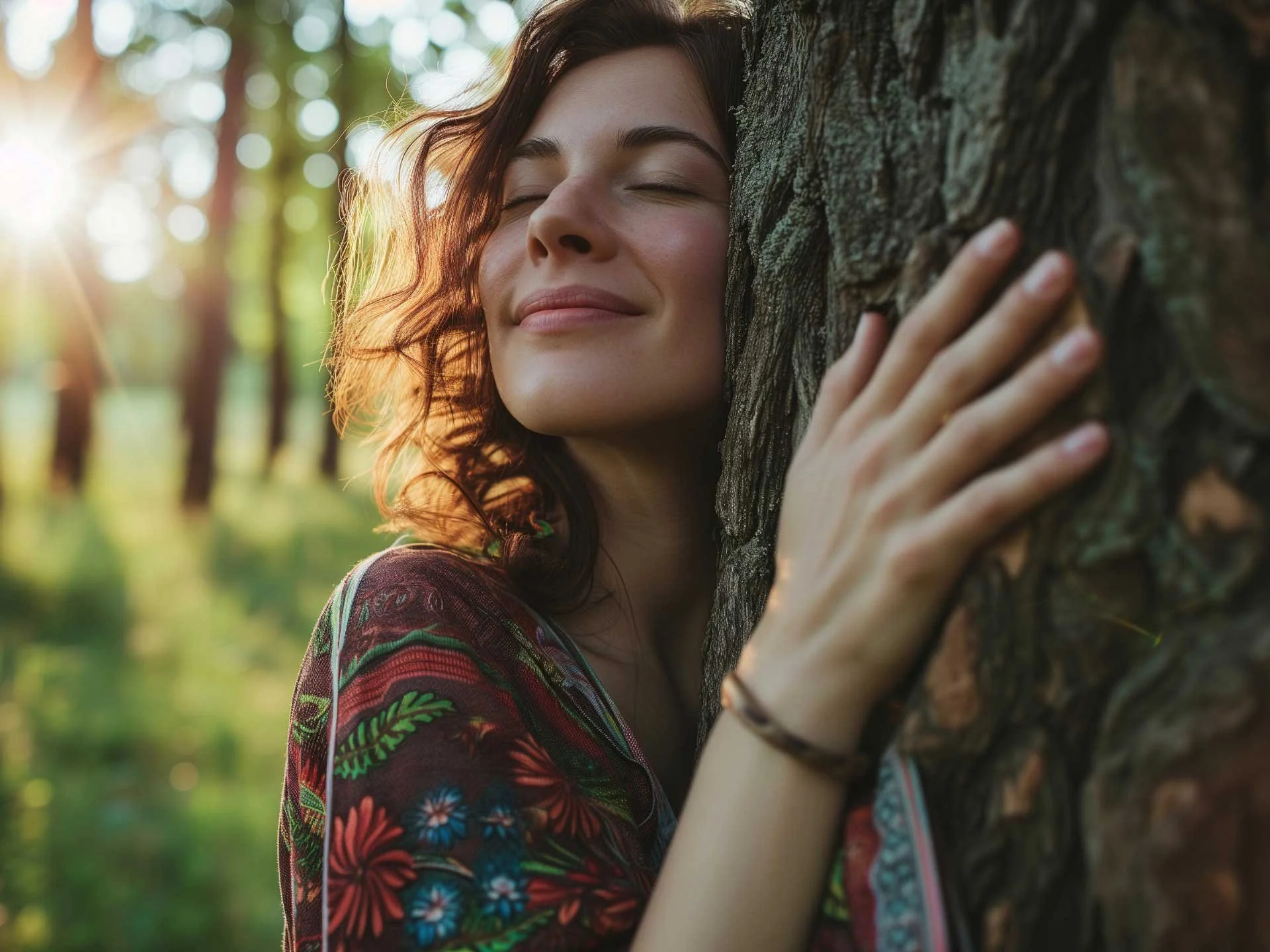 A woman smiling as she embraces a tree