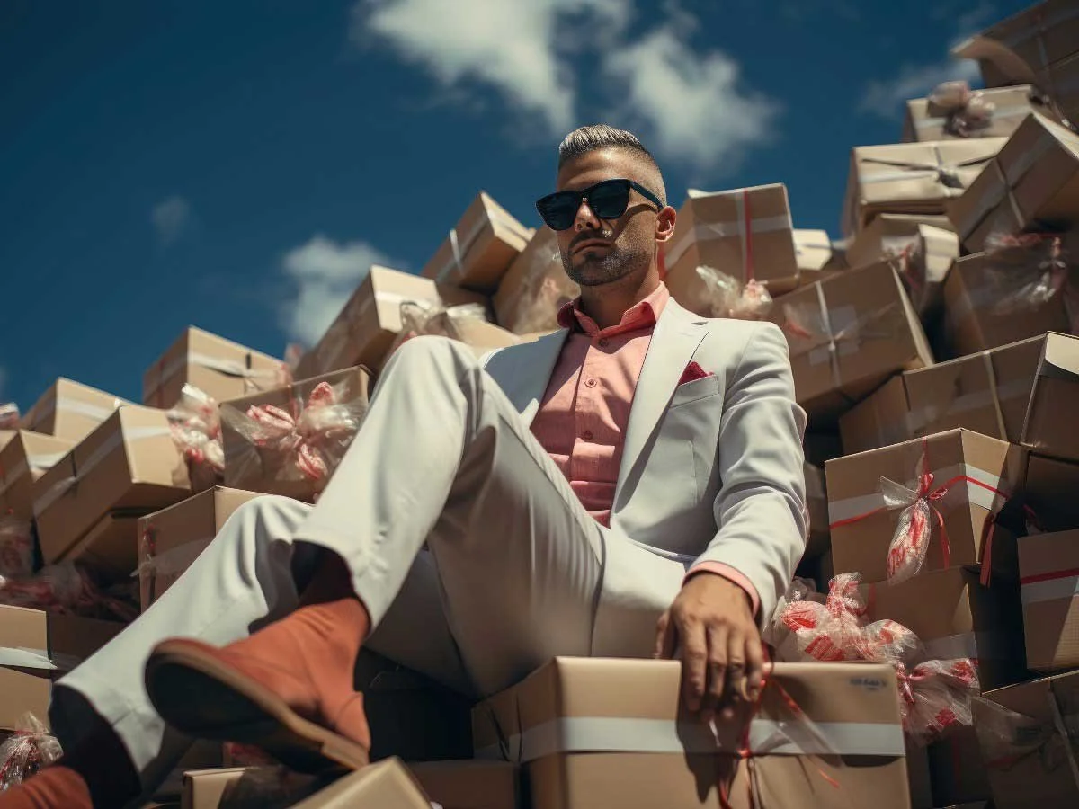 Man sitting on a pile of possessions