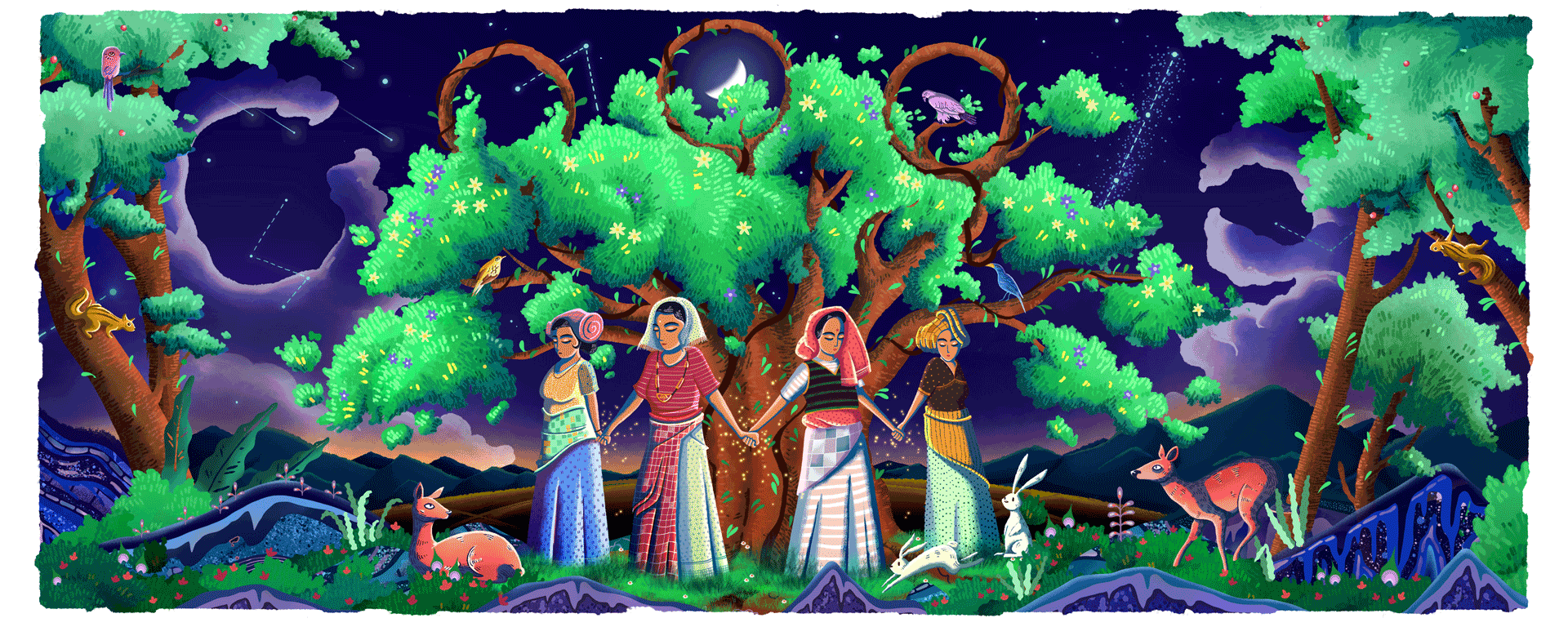 A Google Doodle of the Chipko Women o celebrate the 45th Anniversary of their protests