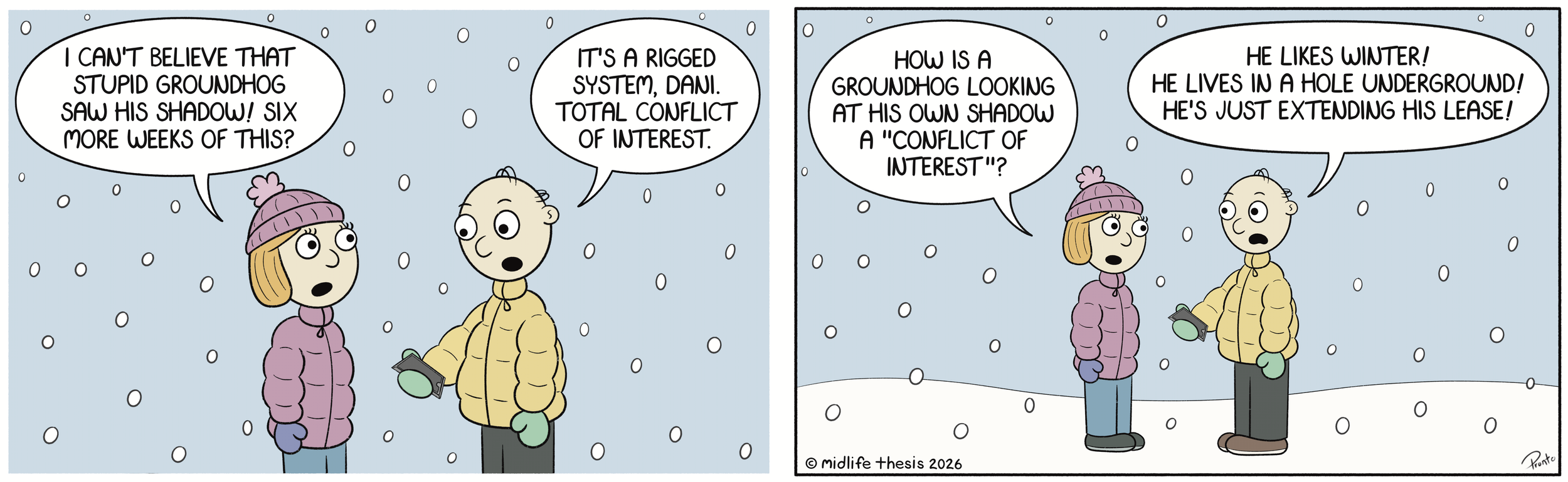      

 
   The groundhog has spoken...             #instagramcartoon #webtoons #webcomics #funny #funnycomic #cartoon #cartoons #comicstrip #midlifethesis #midlifethesiscartoons #cartoonart #gagcomics #FunnyCartoons #marty #groundhog  
 











