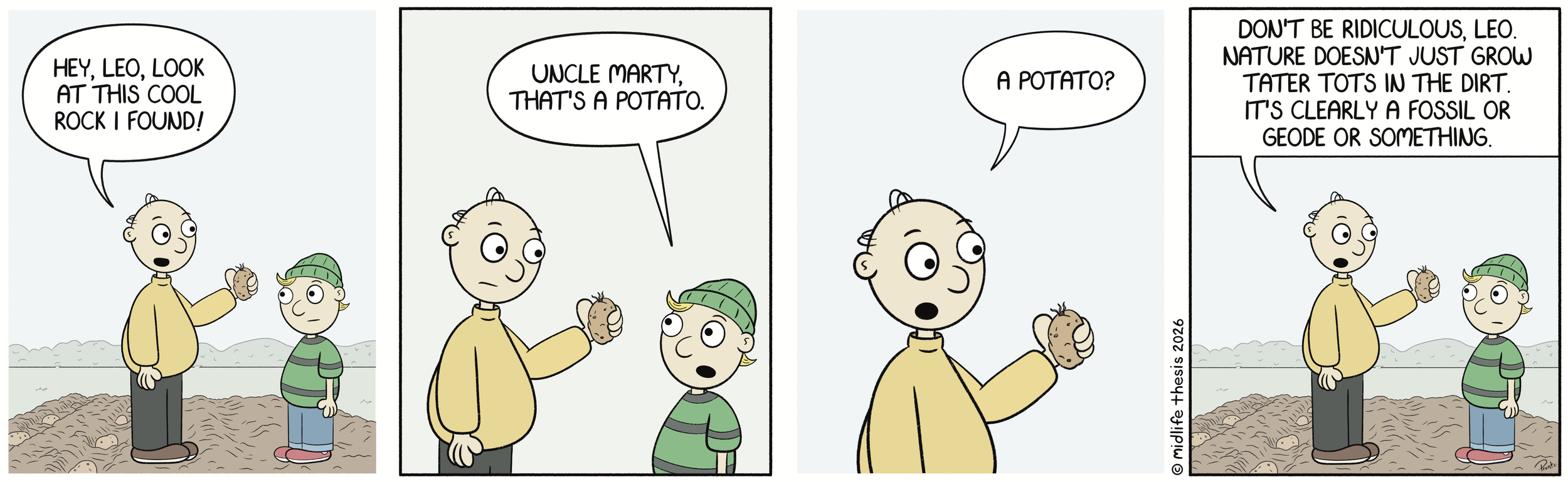      

 
   Potatoes Rock!             #instagramcartoon #webtoons #webcomics #funny #funnycomic #cartoon #cartoons #comicstrip #midlifethesis #midlifethesiscartoons #cartoonart #gagcomics #FunnyCartoons #marty #martyandleo  
 




















  