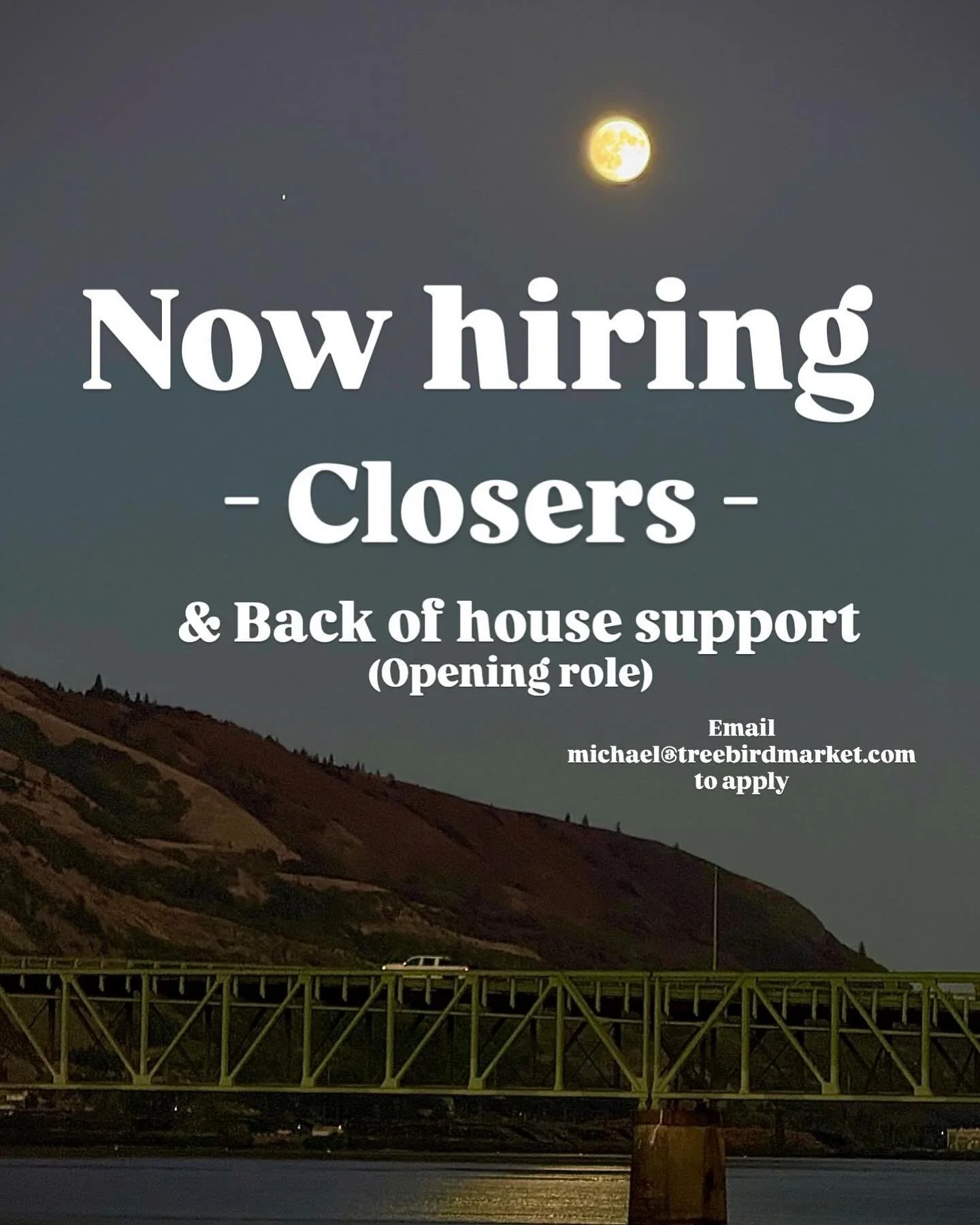 Come join our team! We are looking for reliable folks who love good food and working with an awesome team.

Pay starts at $16-18/hr+ DOE plus get 20% off in store and other benefits. 

Email michael@treebirdmarket.com with your resume and references 
