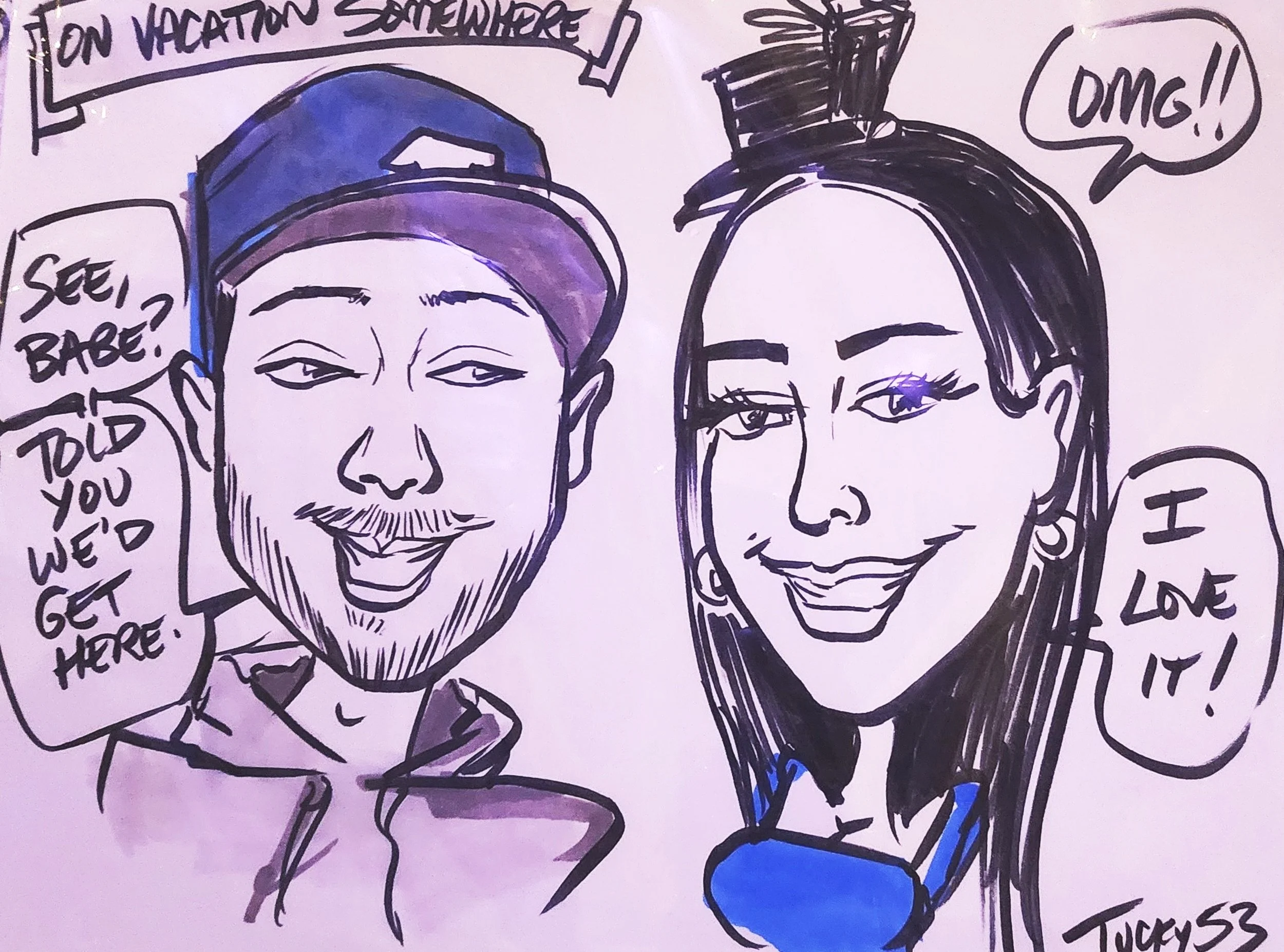 A colorful hand-drawn illustration of two people, a man with a beard and a woman, smiling and wearing hats, surrounded by speech bubbles with text about vacation, summer, and love.
