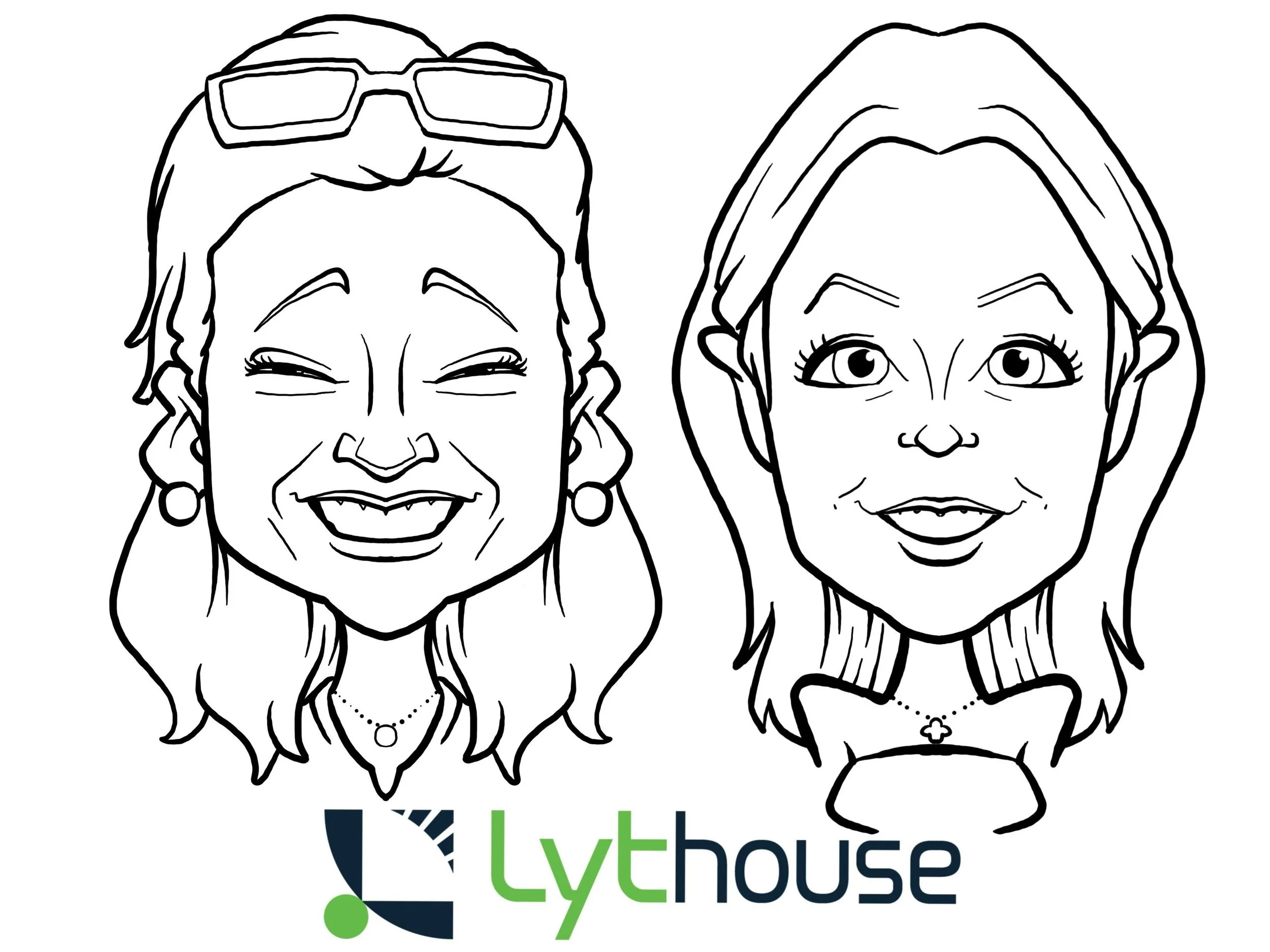 Digital Caricature Art sample for corporate event with logo branding and sketch of two women
