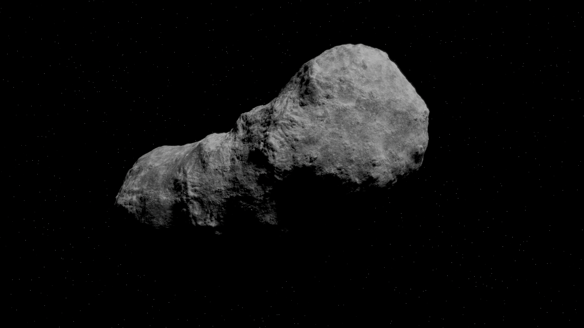 A large asteroid floating in space with a starry background.