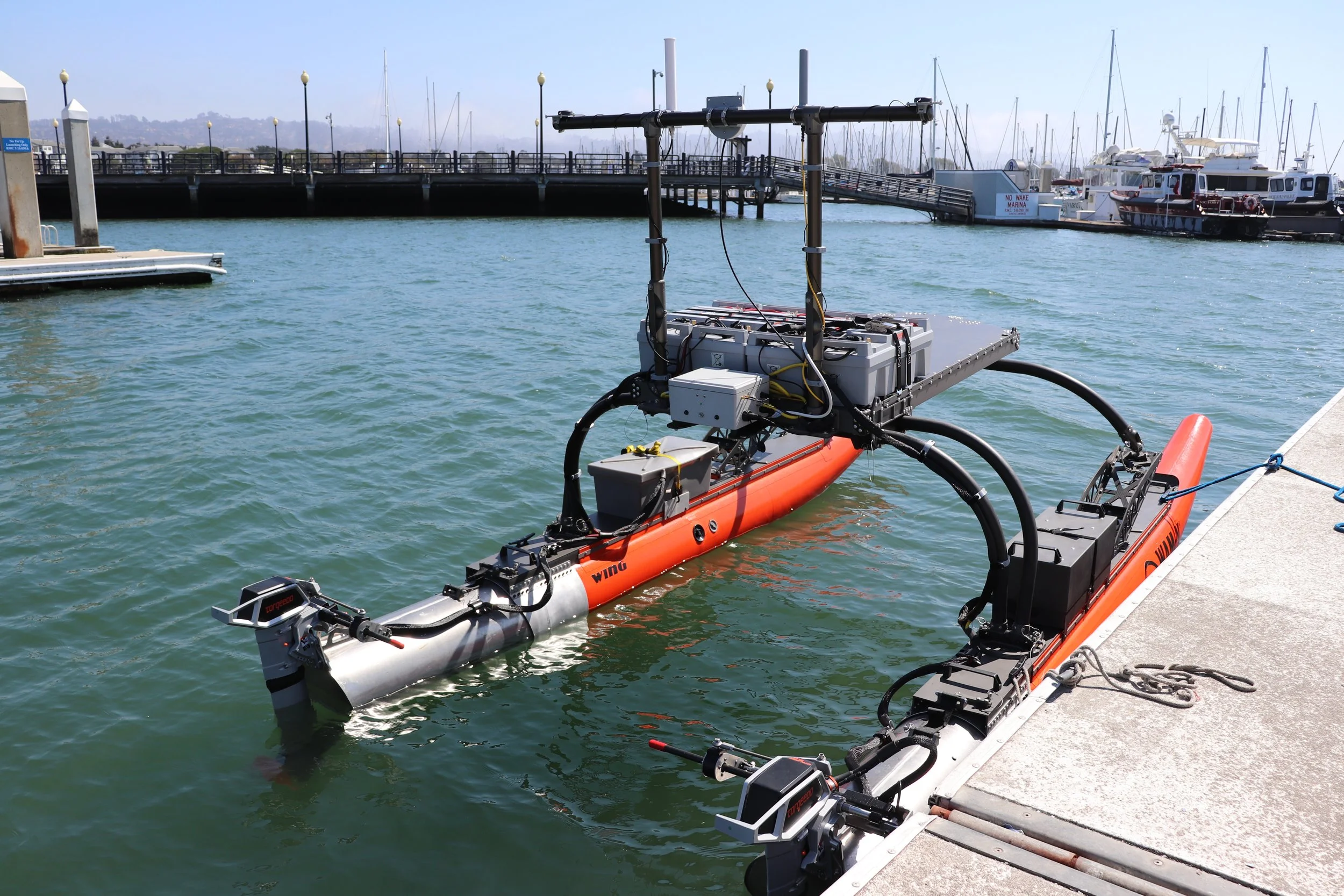 wam-v autonomous surface vehicle docked in a harbor