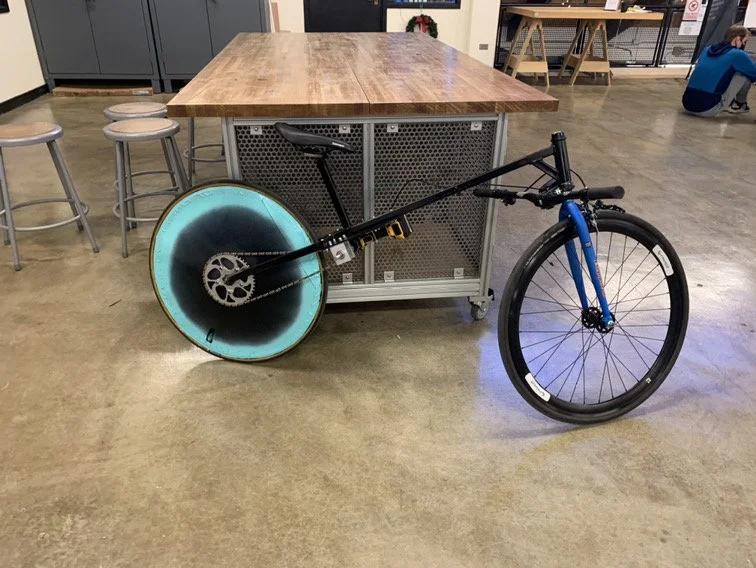 The final assembly of the bike after paint and getting ready for final adjustments and testing.