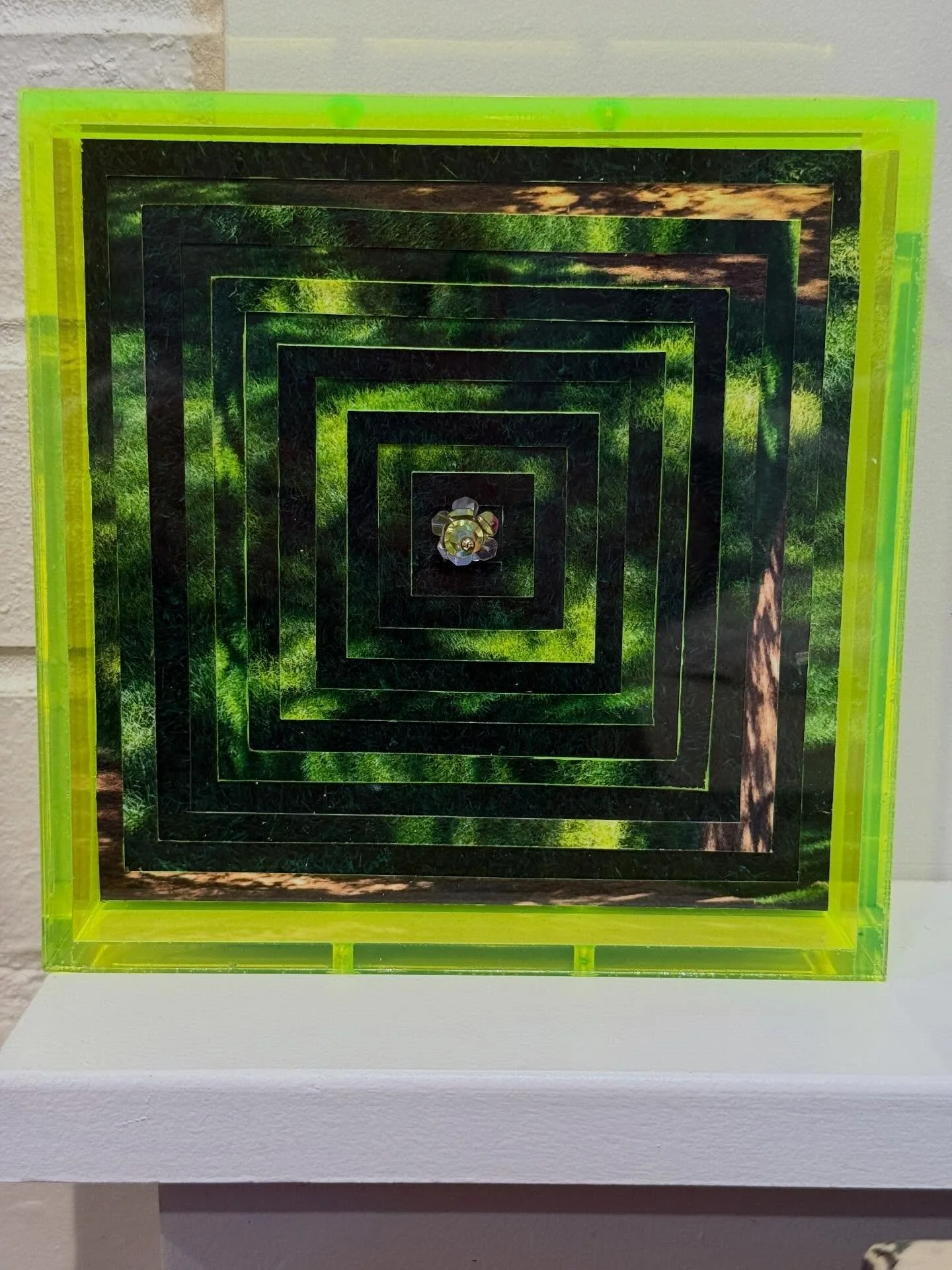 New work alert ‼️ 6&rdquo;x6&rdquo; collage on panel, framed in neon yellow shadow box - all made locally Coming to Sm&aring;l Market in December (unless someone nabs it prior!) DM me for pricing/more info