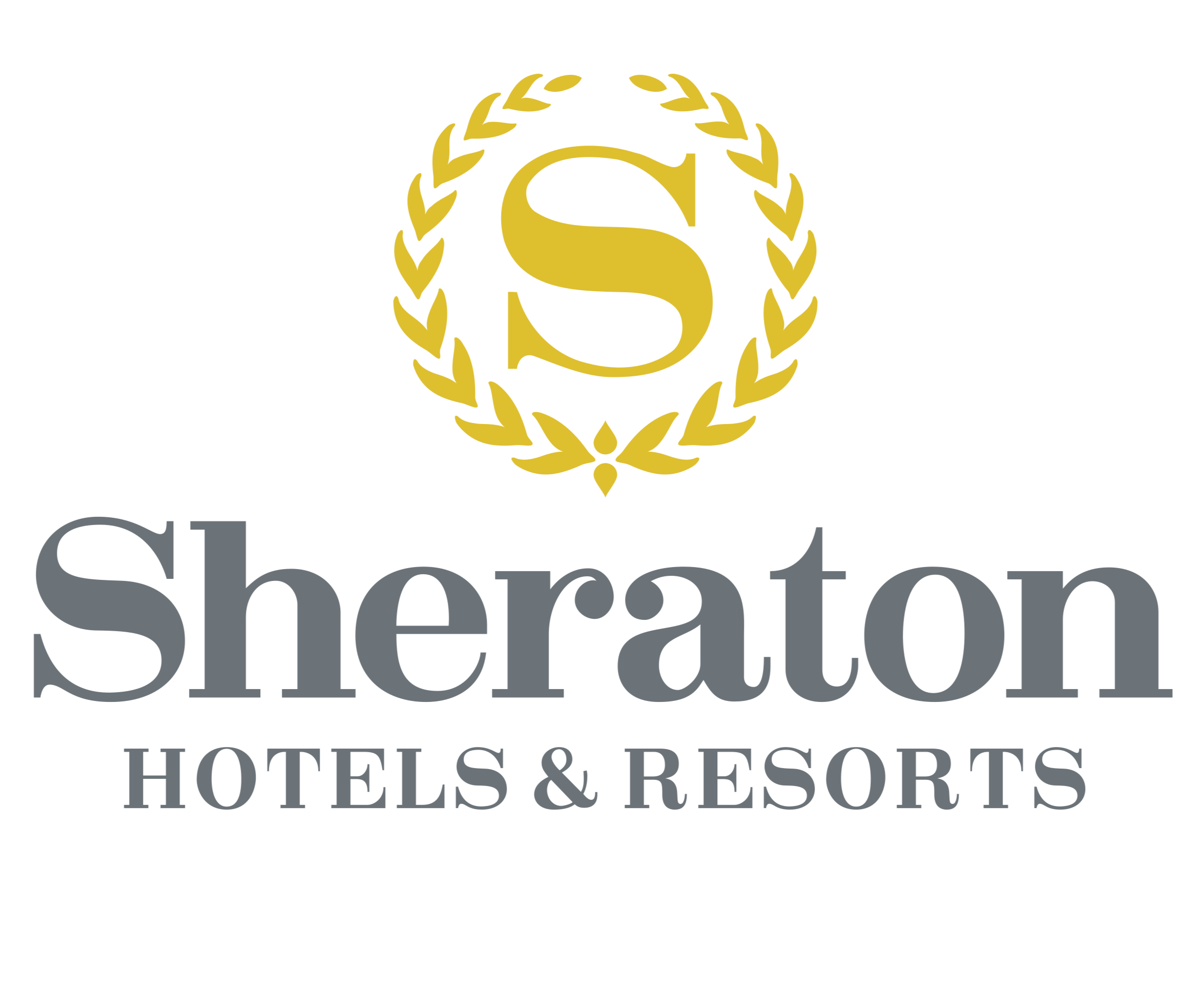 Sheraton Hotels & Resorts logo with a gold laurel wreath and a large letter S, black background, grey text.