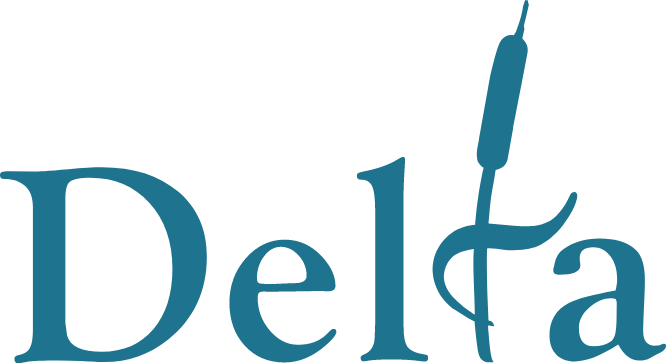 Logo for the City of Delta British Columbia featuring the word 'Delta' with a stylized cattail plant integrated into the letter 't'.