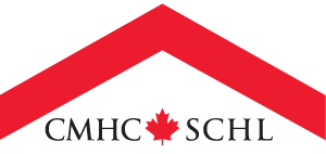 Logo with a red house-shaped roof and the text 'CMHC SCHL' below, with a red maple leaf between the words.