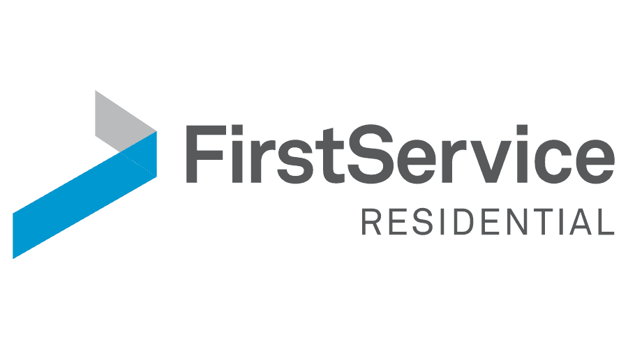 FirstService Residential logo with a stylized arrow in gray, light gray, and blue next to the company name in gray text