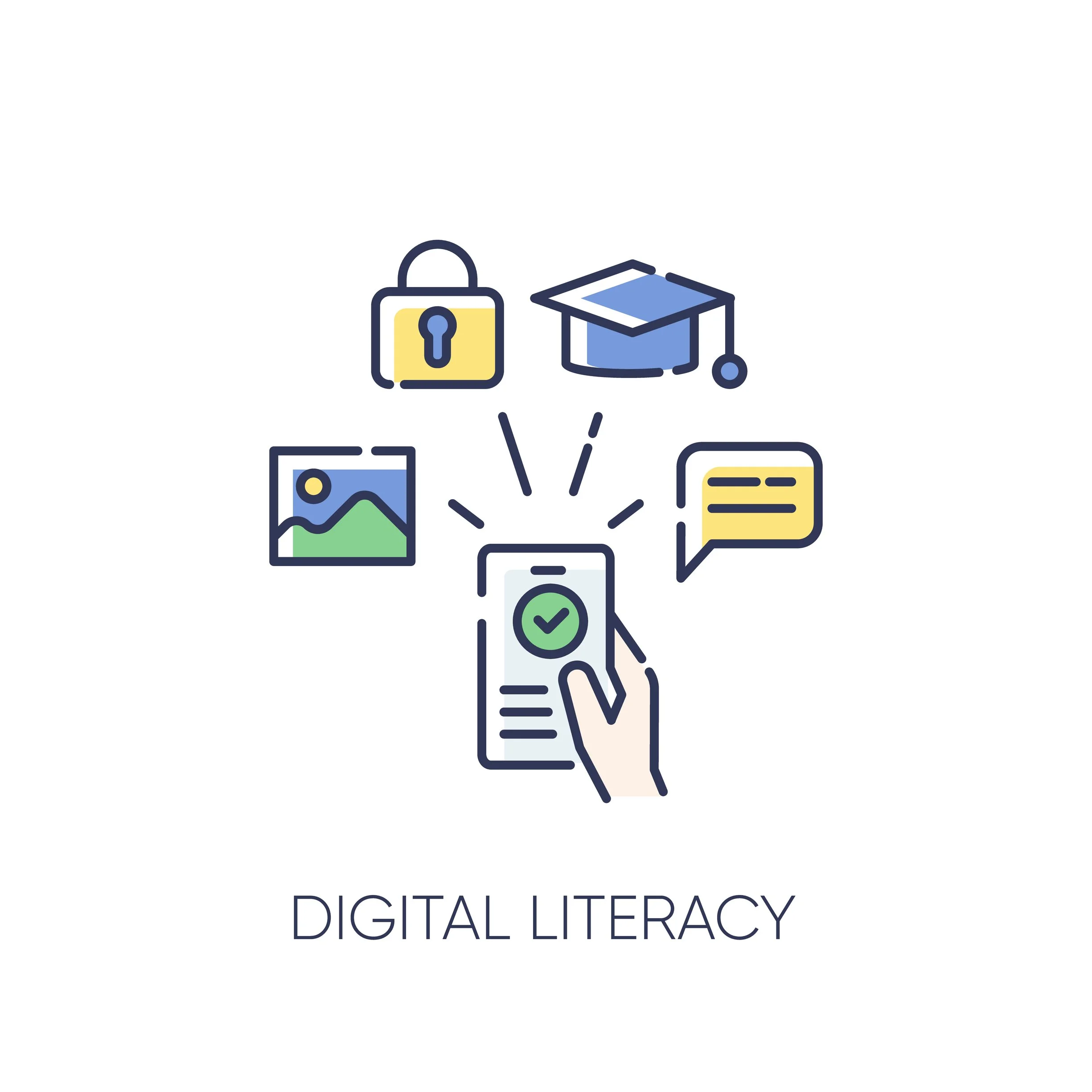Illustration of a hand holding a smartphone with a checkmark on the screen, surrounded by icons of a lock, a graduation cap, a photo, and a speech bubble, symbolizing digital literacy.