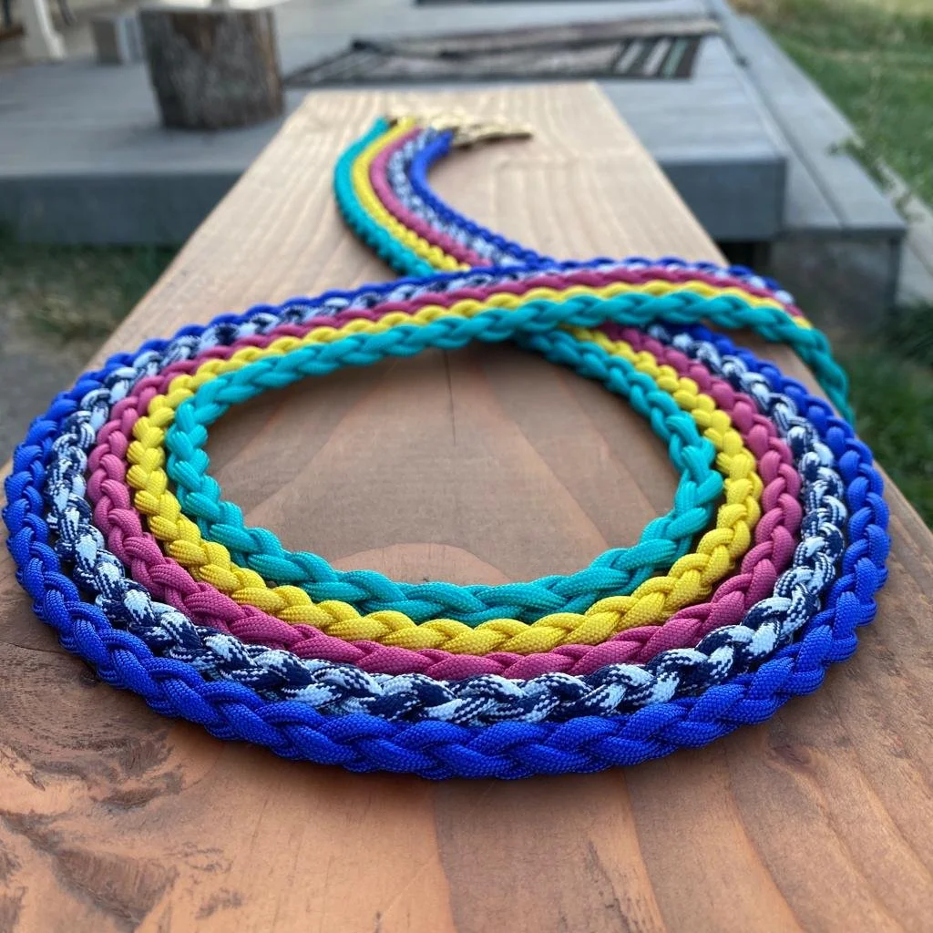 Colorful braided lanyard with rainbow colors, laid out on a wooden surface outdoors.