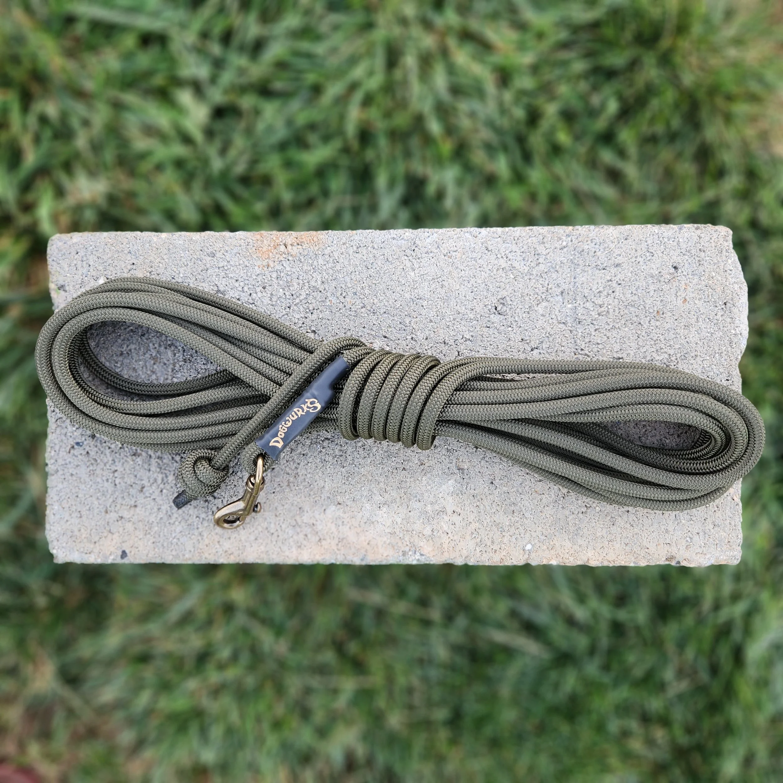 A concrete ledge with a coiled gray climbing rope resting on it, against a background of green grass and blurred foliage.