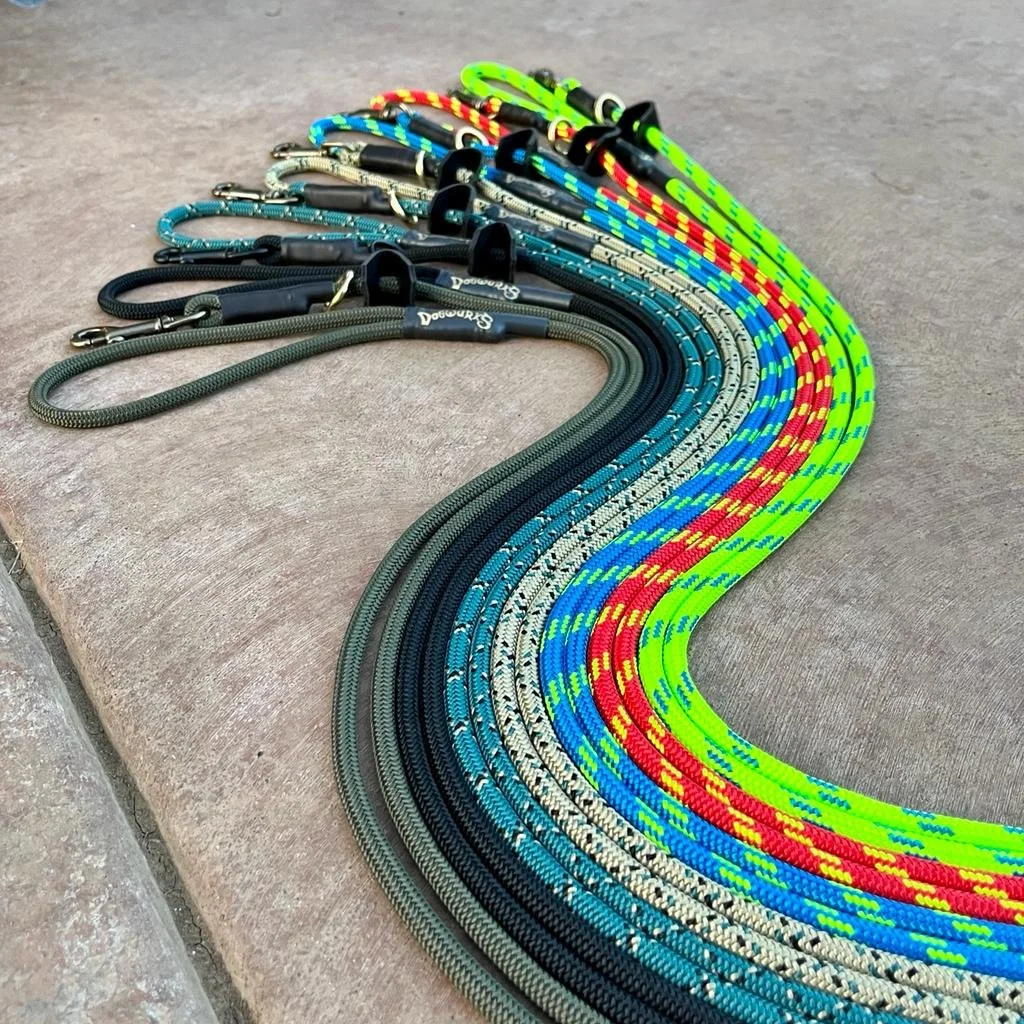 A variety of colorful dog leashes arranged in a row on a concrete surface, with different colors and patterns.