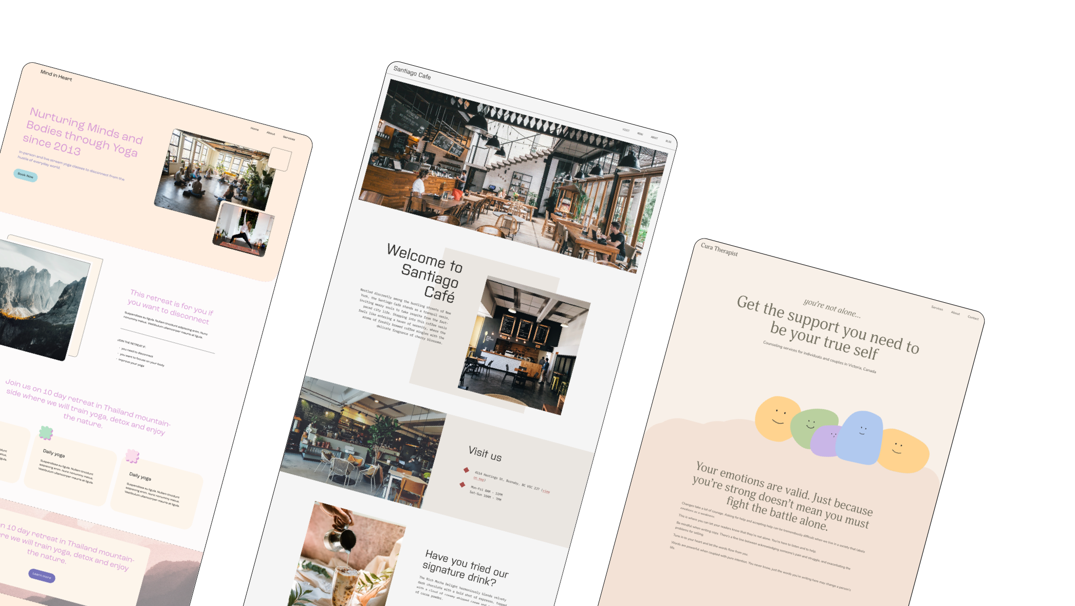mockups of 3 websites for psychologist, cafe, and yoga studio