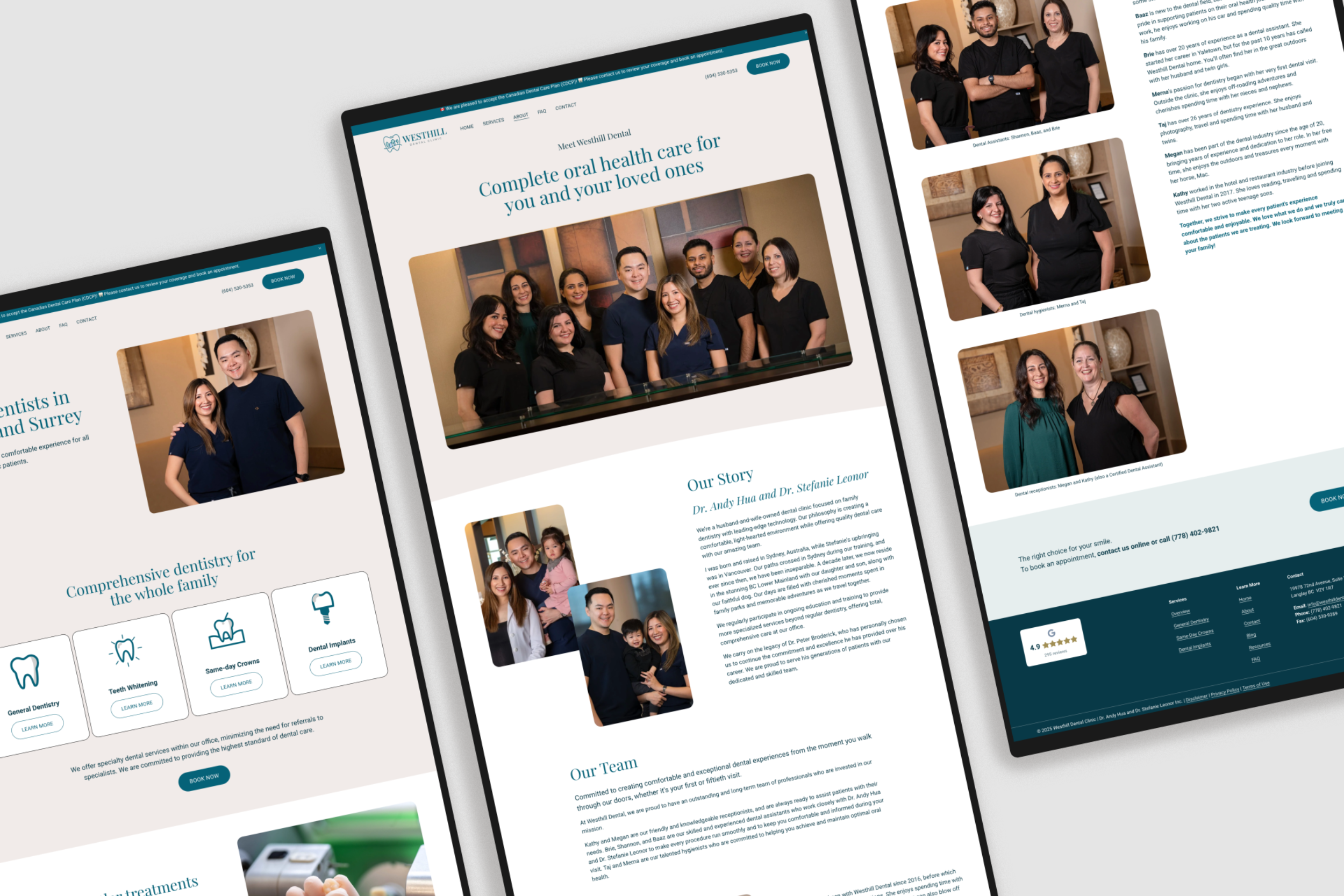 home and about pages of dental clinic with people smiling